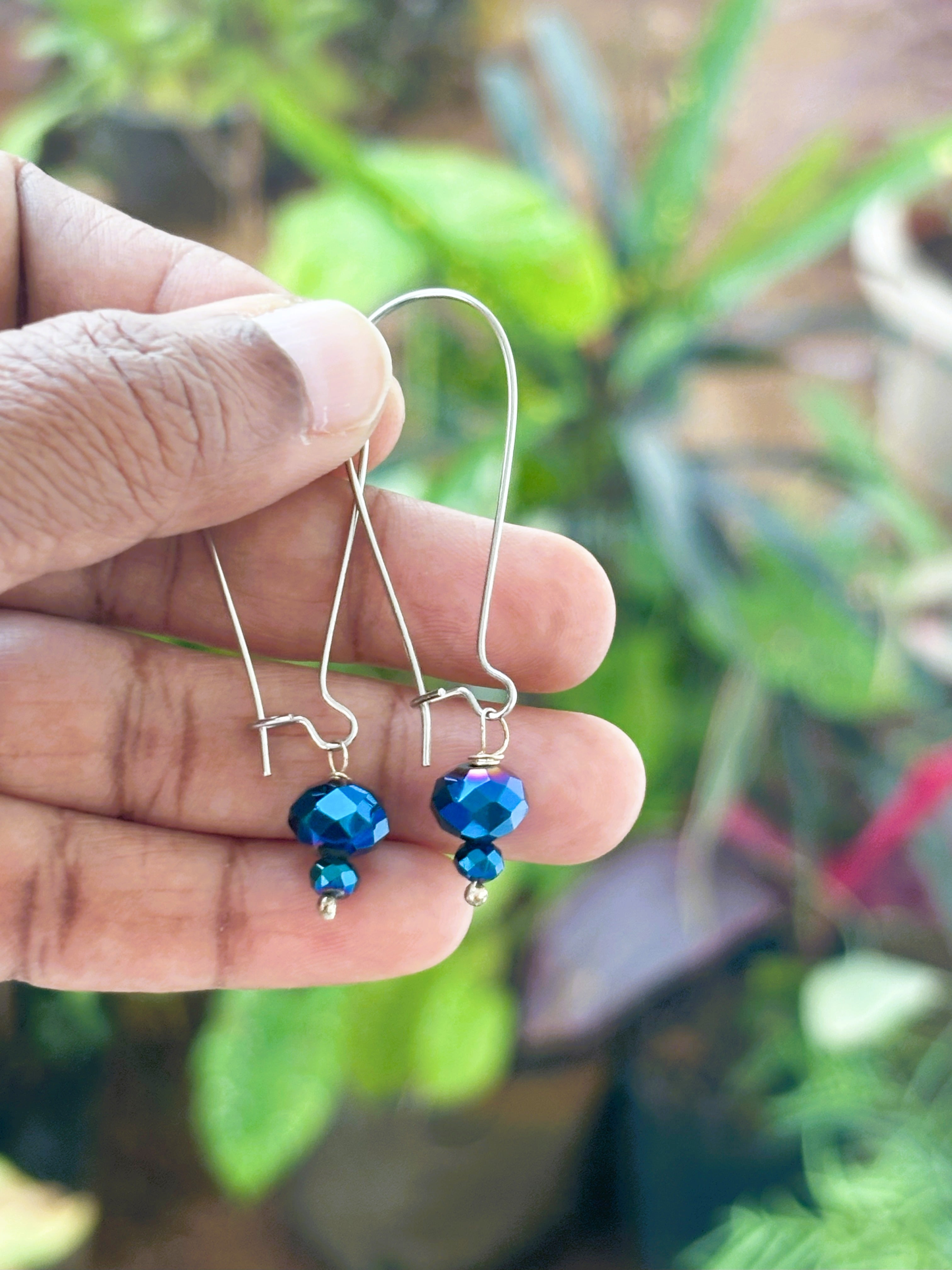 Silver French Hook Earrings with Blue Crystals