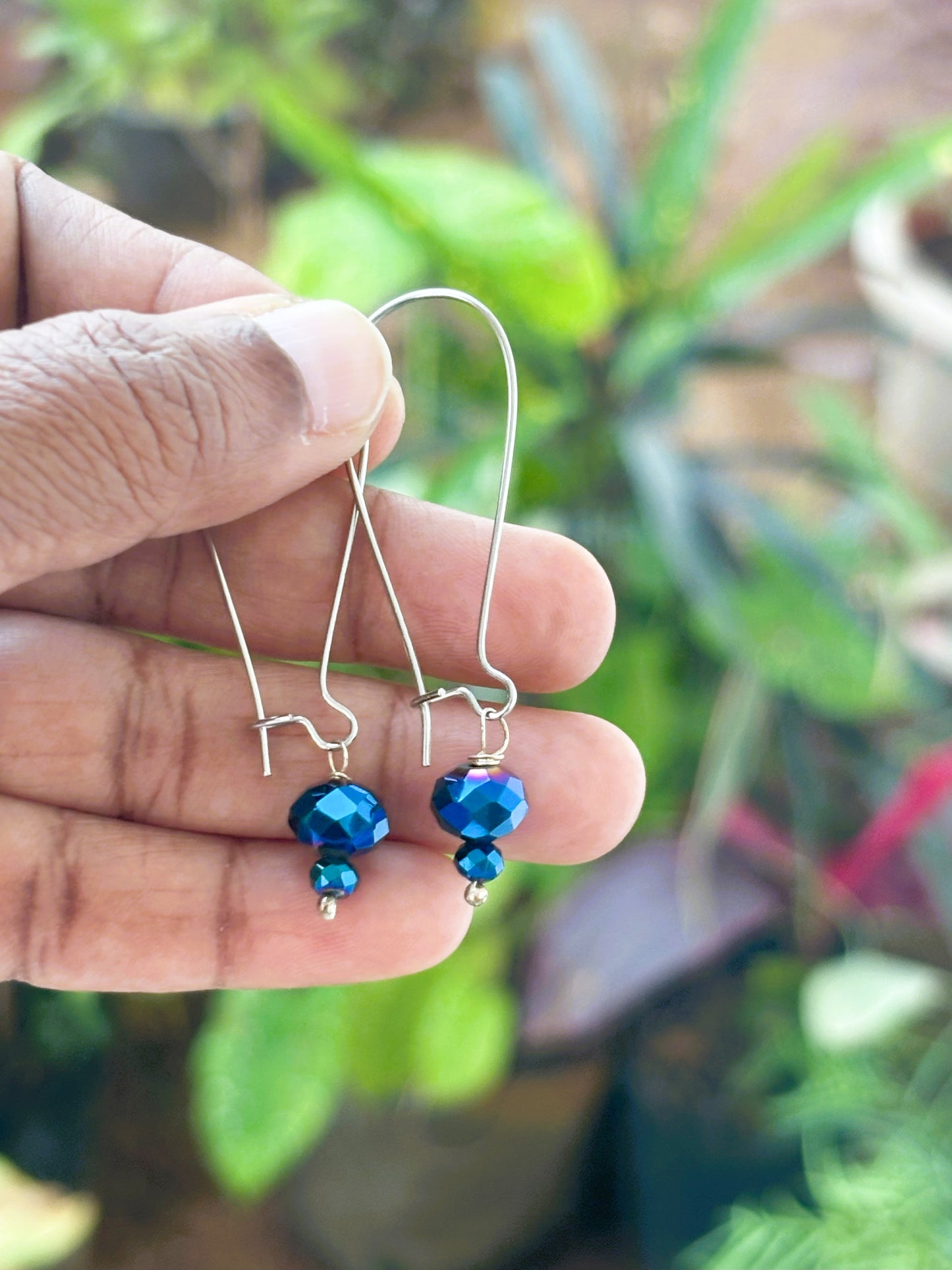 Silver French Hook Earrings with Blue Crystals