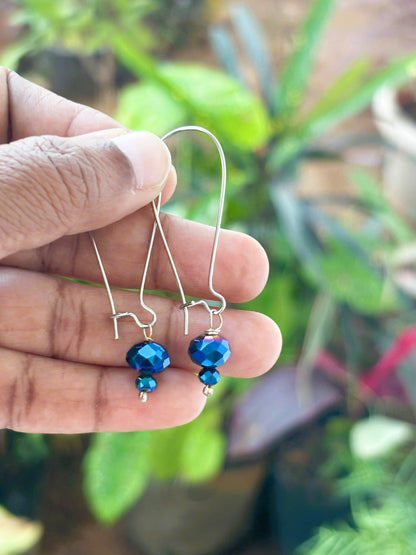 Silver French Hook Earrings with Blue Crystals