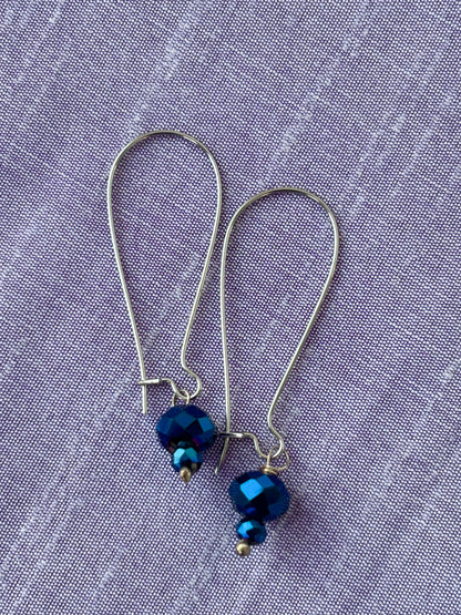 Silver French Hook Earrings with Blue Crystals