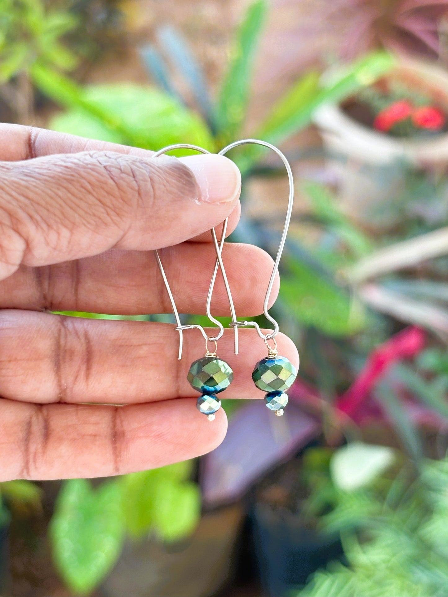 Silver French Hook Earrings with Green Crystals