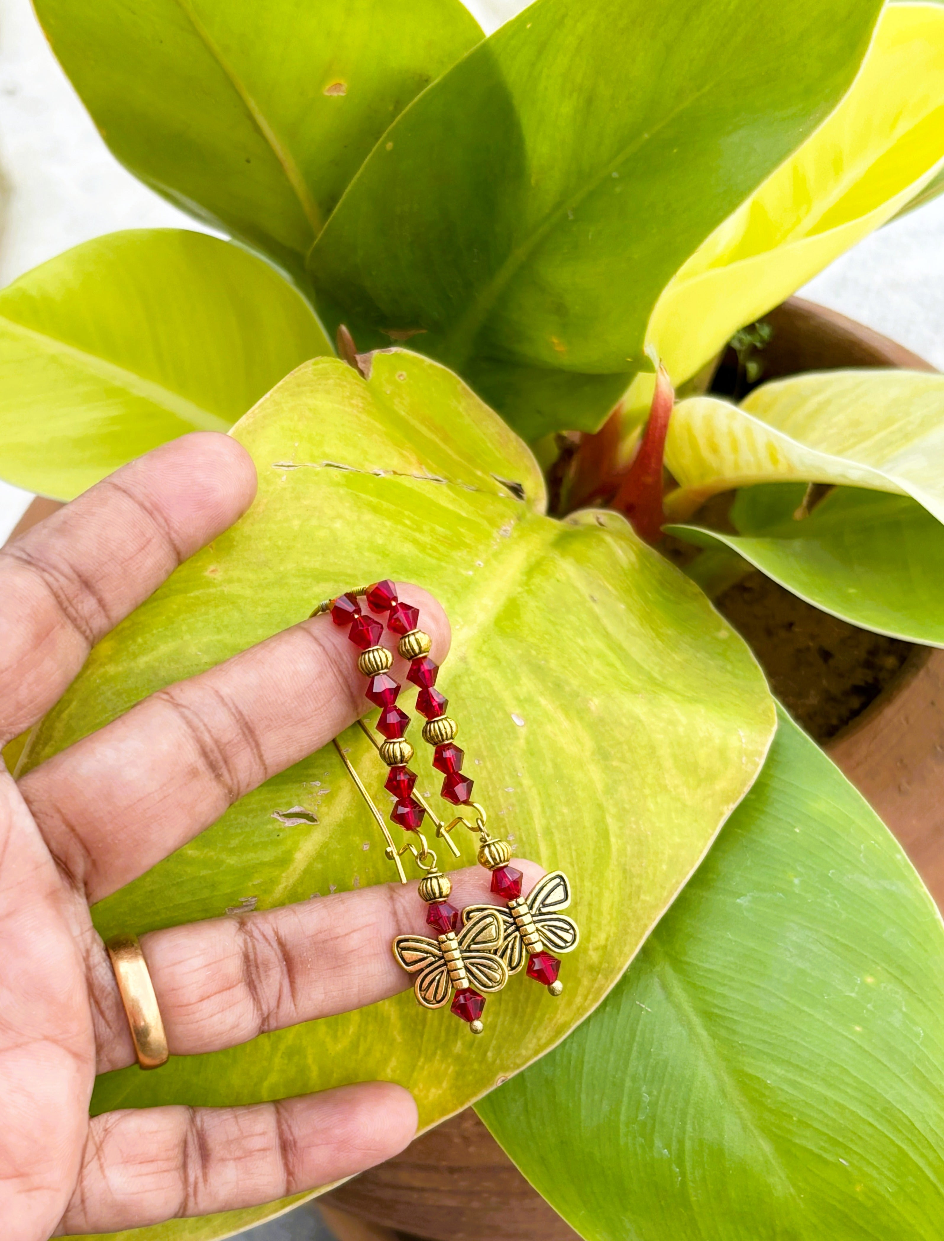 Gold French Hook Earrings with Red Beads and Butterfly Charms