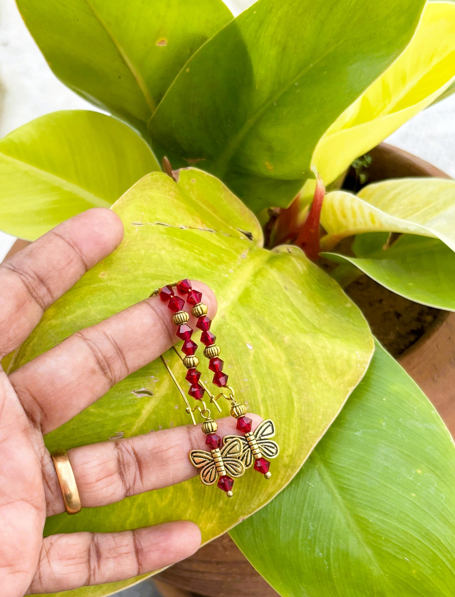 Gold French Hook Earrings with Red Beads and Butterfly Charms