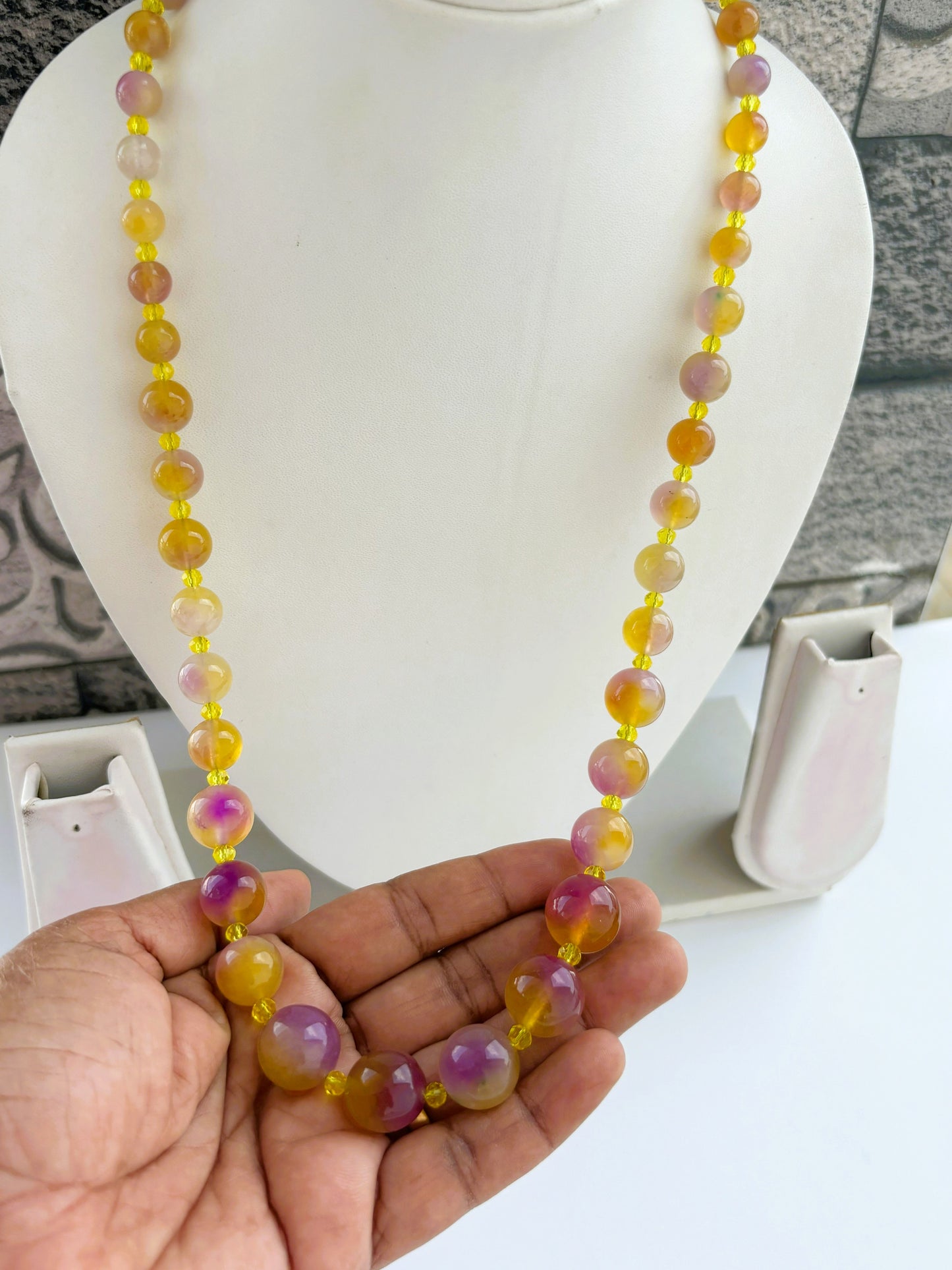 Handmade Graduated Lemon and Lavender Gemstone Necklace