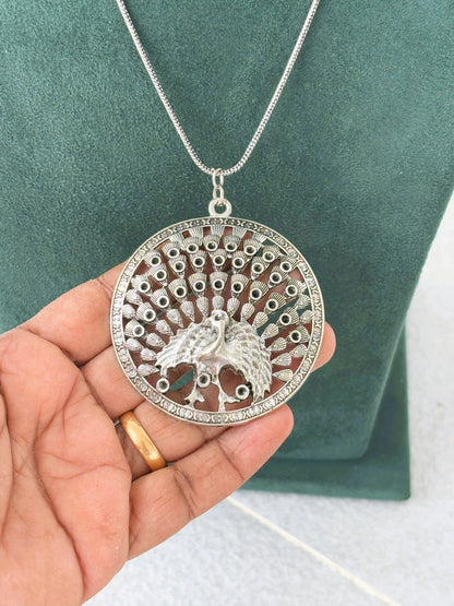 Oxidized Silver Peacock Pendant Necklace