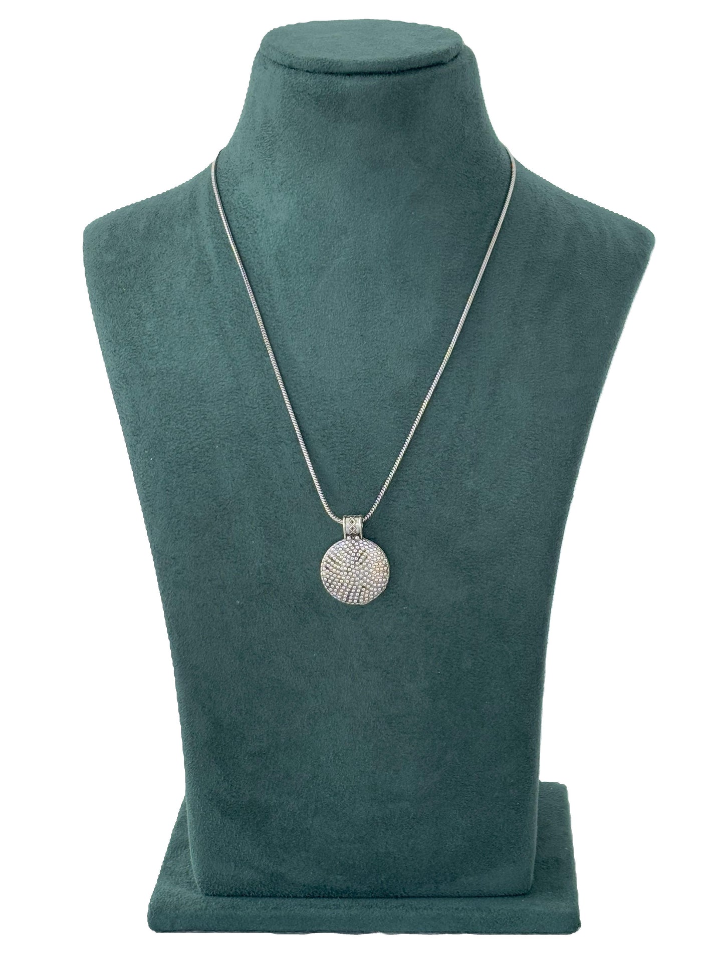 Oxidized Silver Pave Round Pendant Necklace