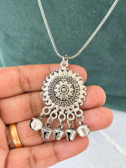 Oxidized Silver Sunburst Dangler Pendant Necklace