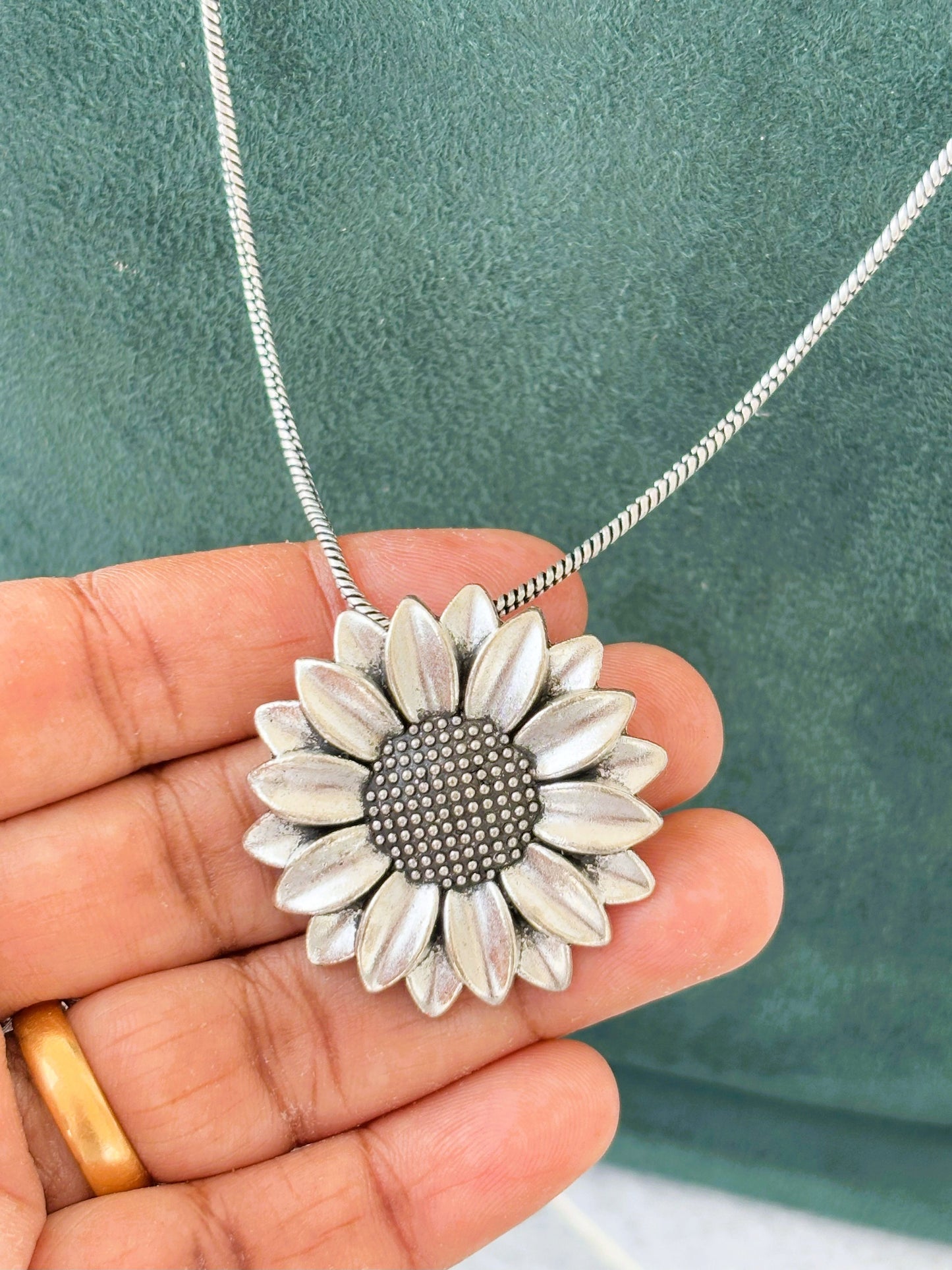Oxidized Silver Sunflower Pendant Necklace