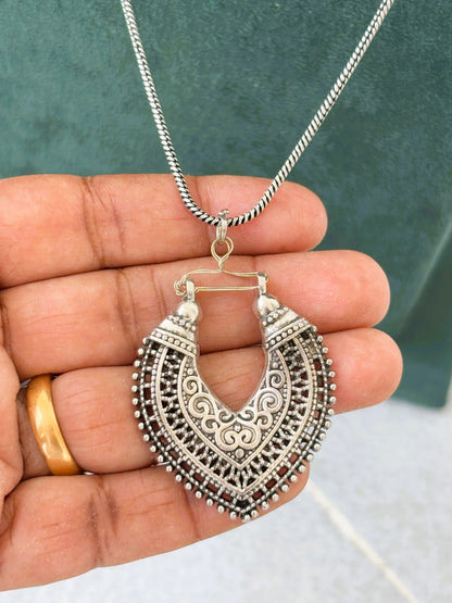 Oxidized Silver Tribal-Inspired Pendant Necklace