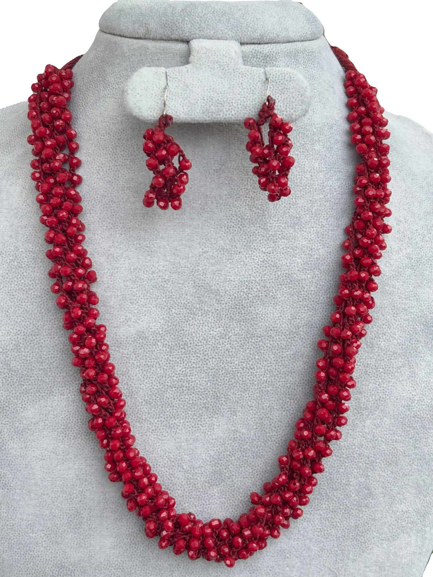 Handmade Crochet Red Beaded Necklace and Earring Set