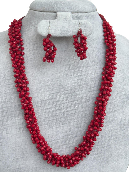 Handmade Crochet Red Beaded Necklace and Earring Set