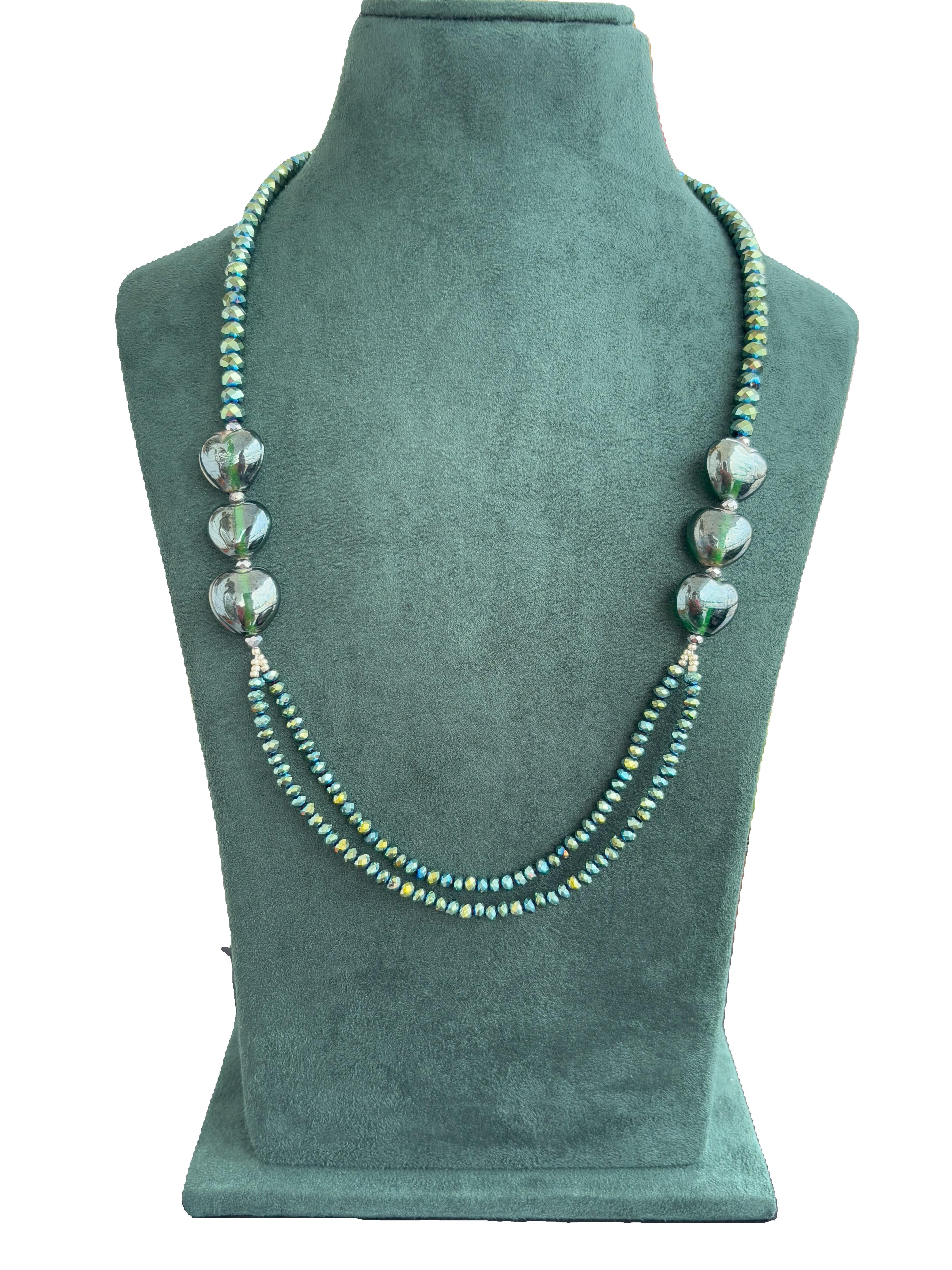 Handmade Green Glass and Rondel Crystal Layered Beaded Necklace