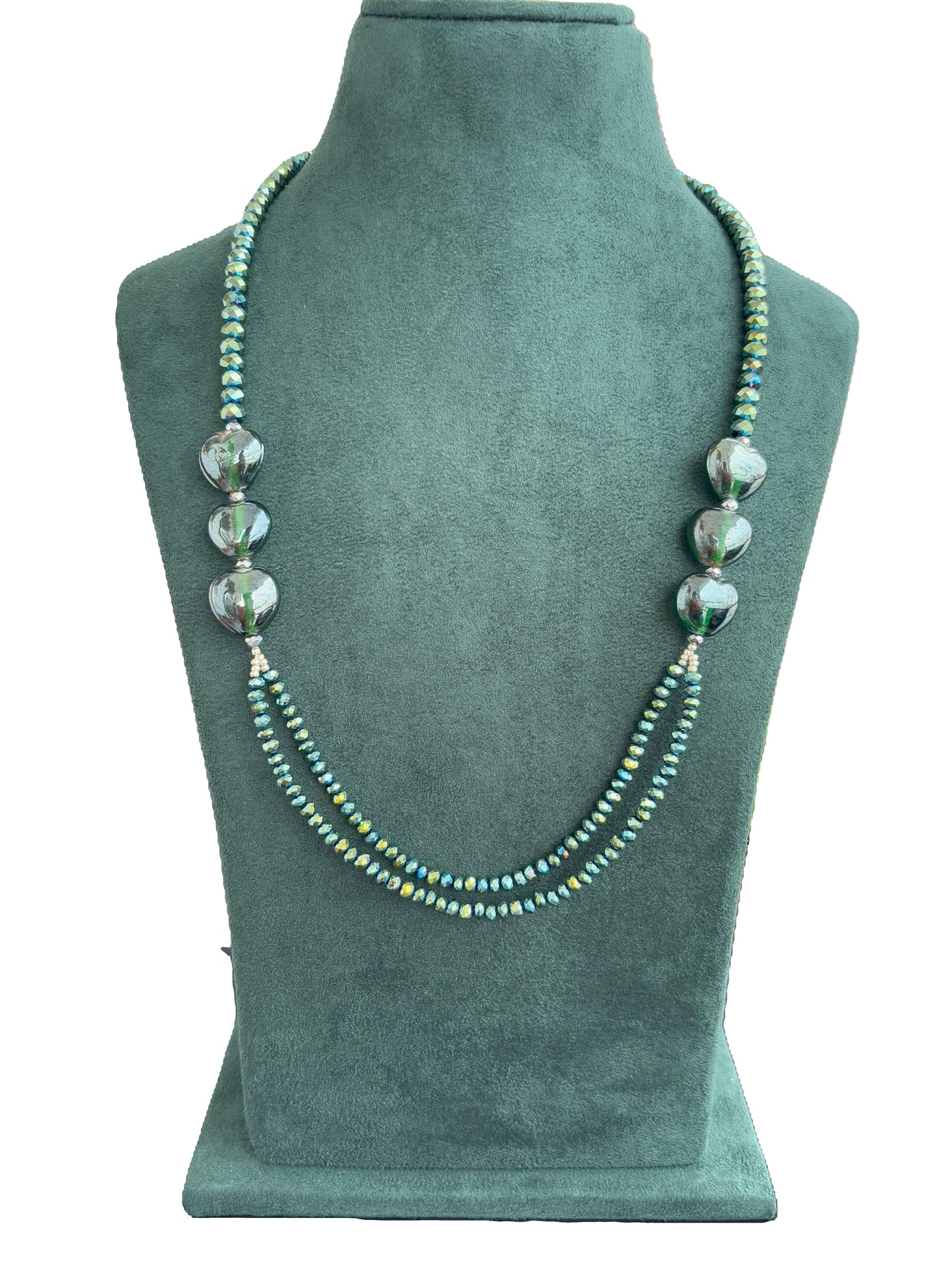 Handmade Green Glass and Rondel Crystal Layered Beaded Necklace