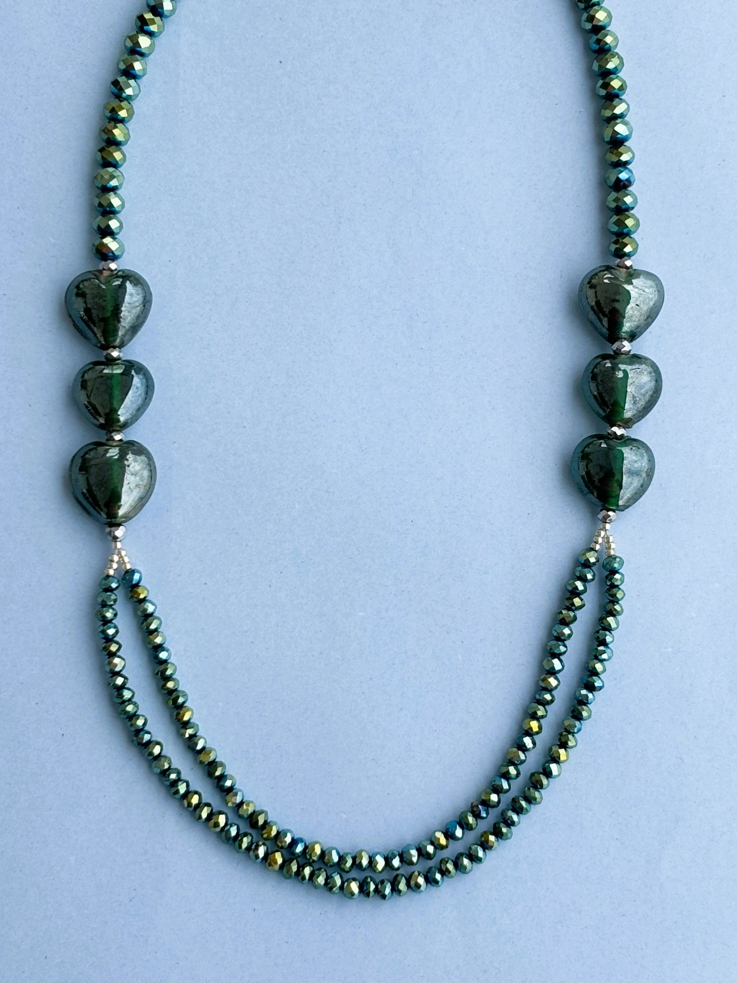 Handmade Green Glass and Rondel Crystal Layered Beaded Necklace