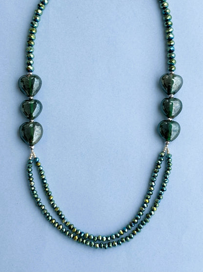 Handmade Green Glass and Rondel Crystal Layered Beaded Necklace
