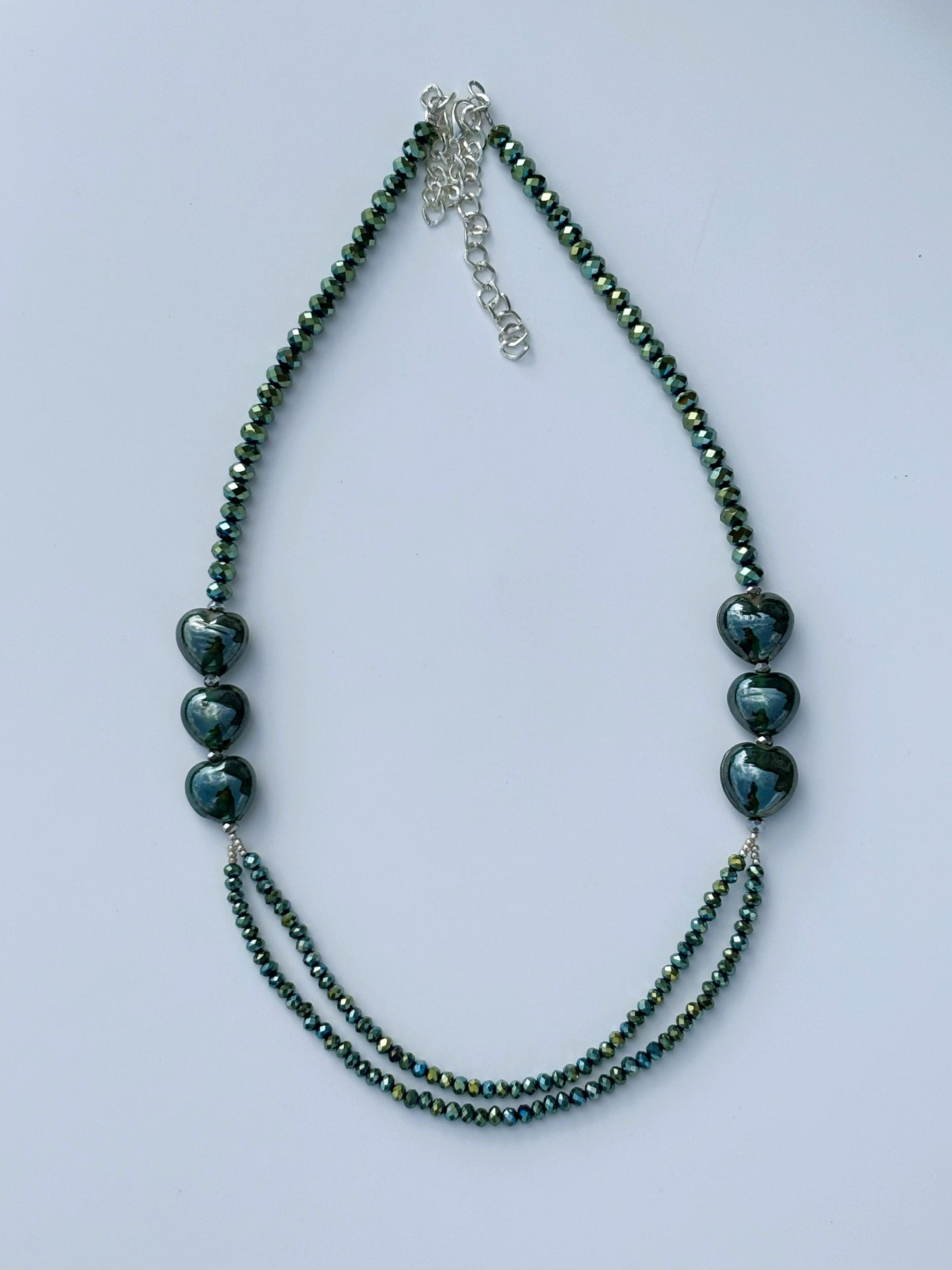 Handmade Green Glass and Rondel Crystal Layered Beaded Necklace