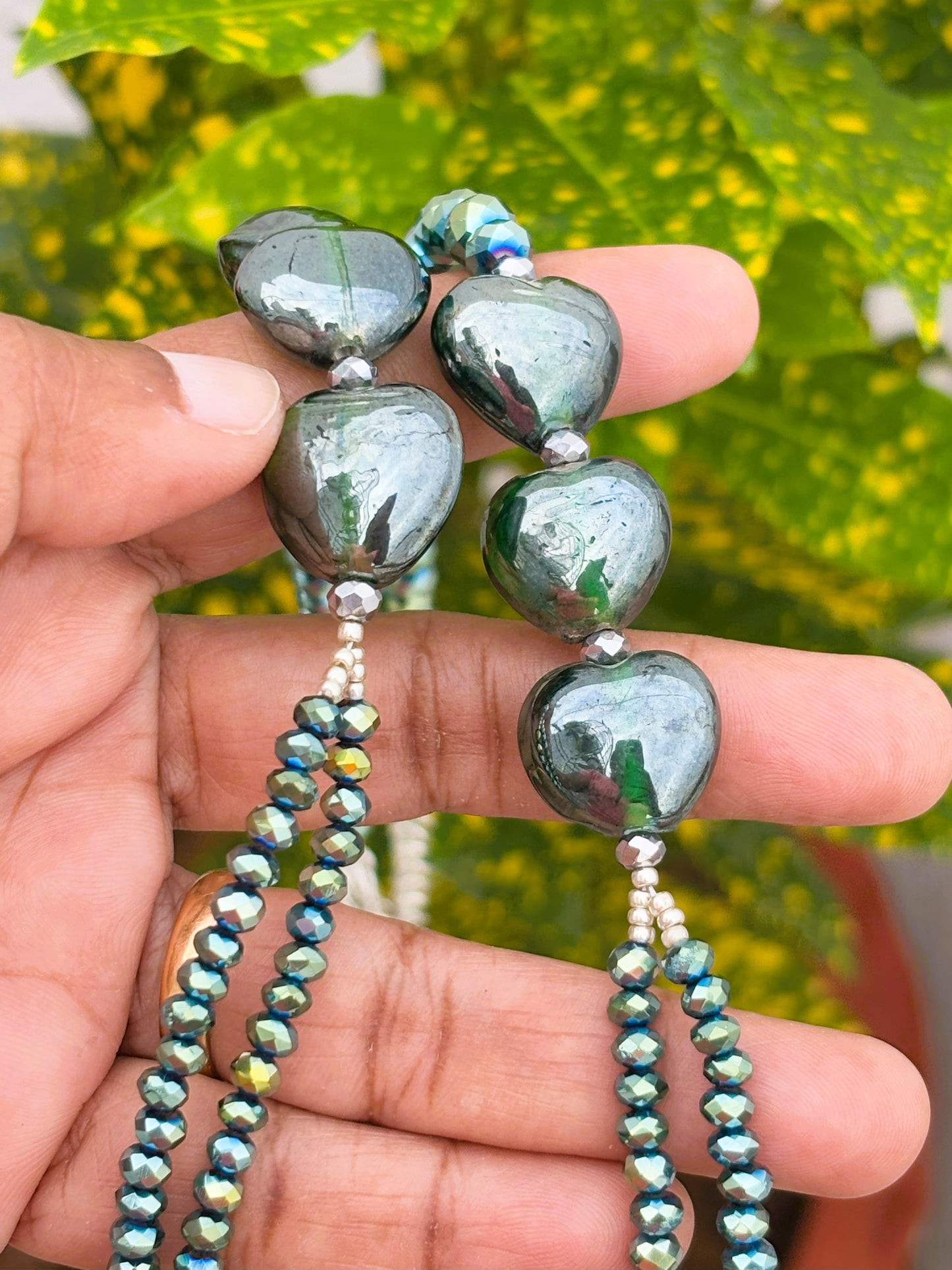 Handmade Green Glass and Rondel Crystal Layered Beaded Necklace