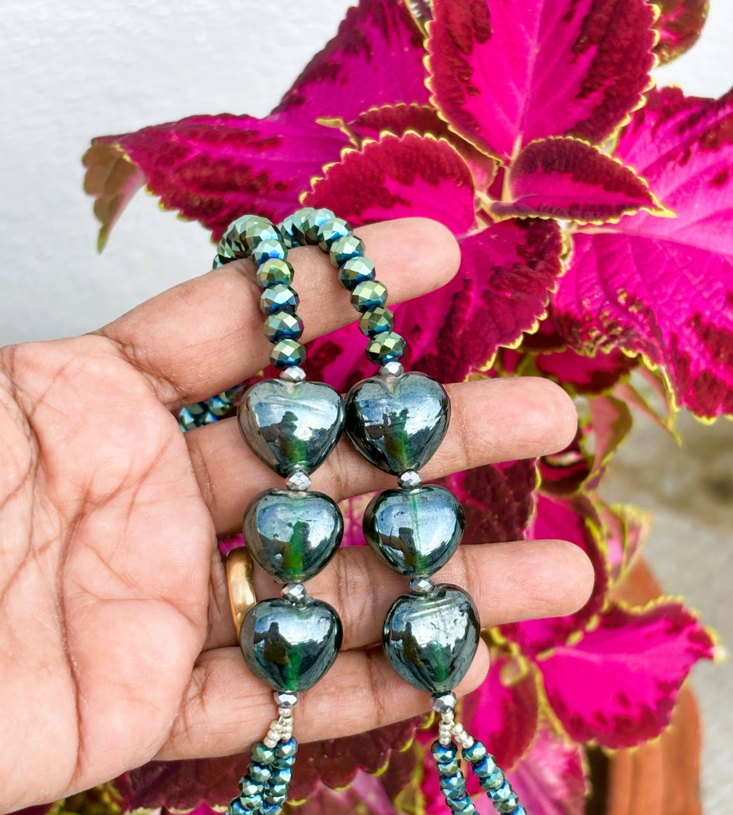 Handmade Green Glass and Rondel Crystal Layered Beaded Necklace