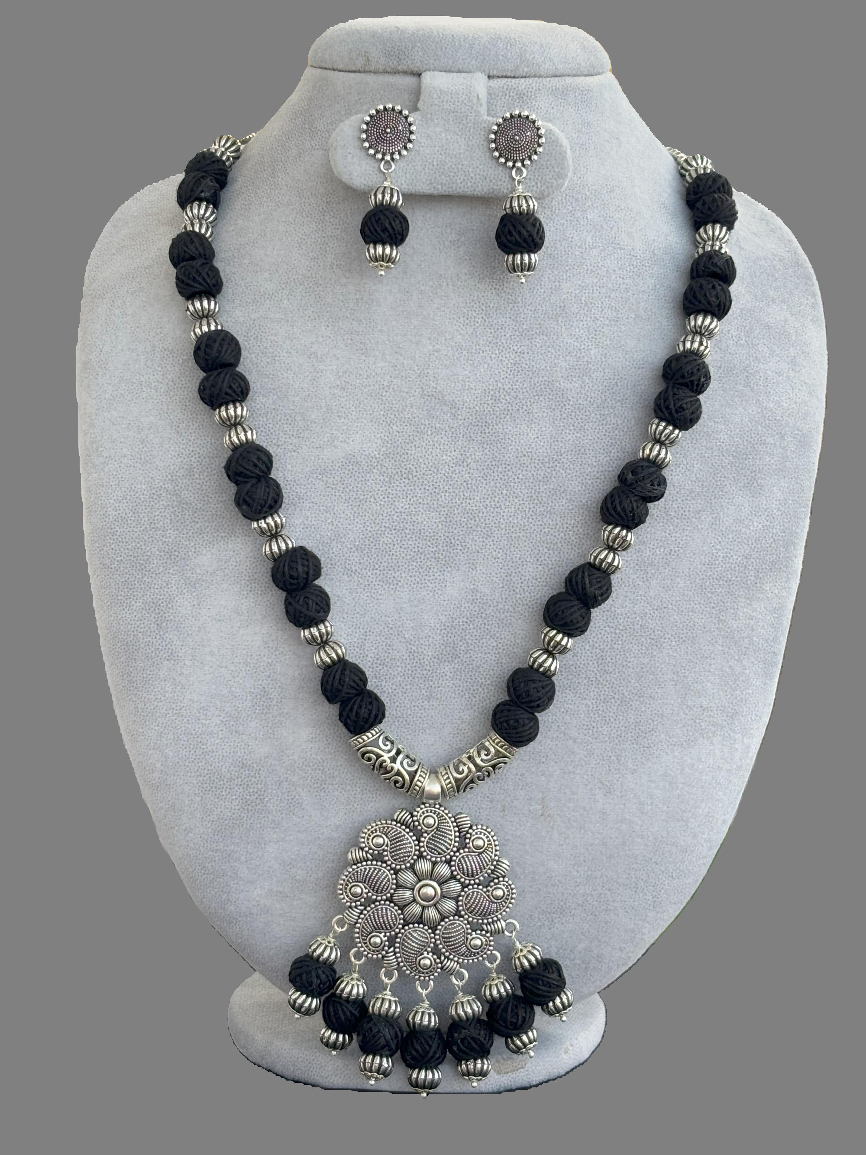 Handmade Oxidized and Black Thread Bead Necklace Set
