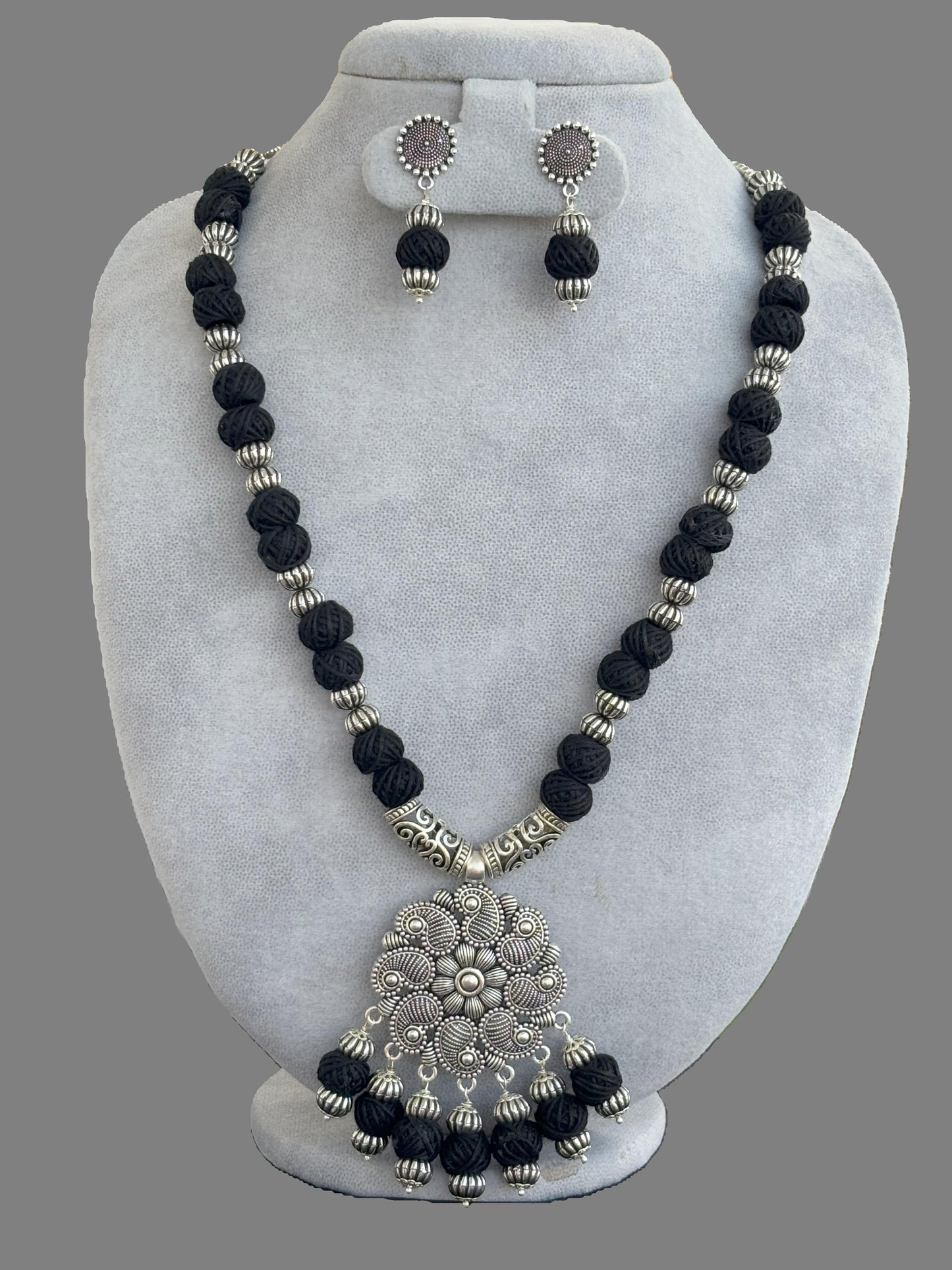 Handmade Oxidized and Black Thread Bead Necklace Set