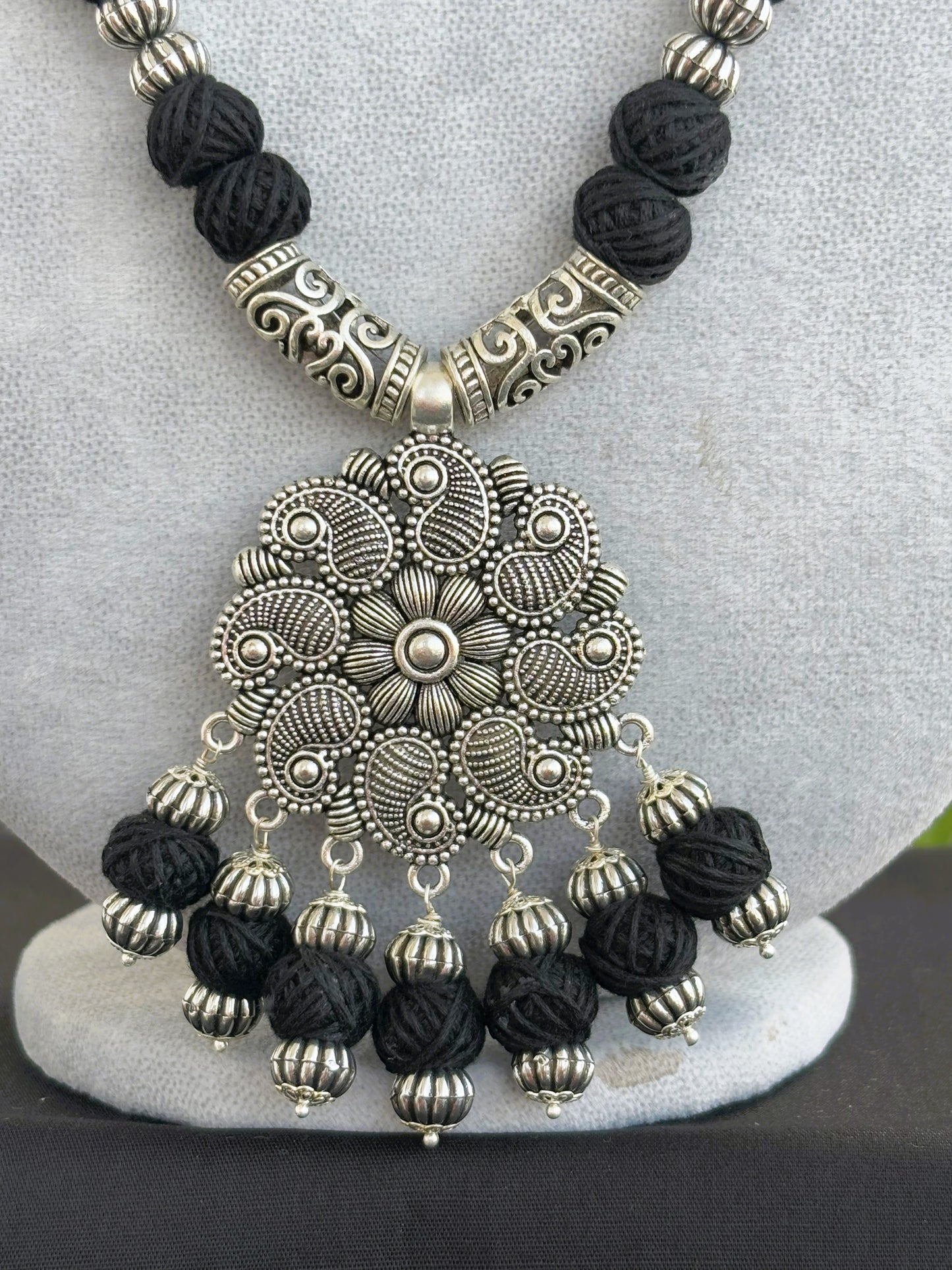 Handmade Oxidized and Black Thread Bead Necklace Set