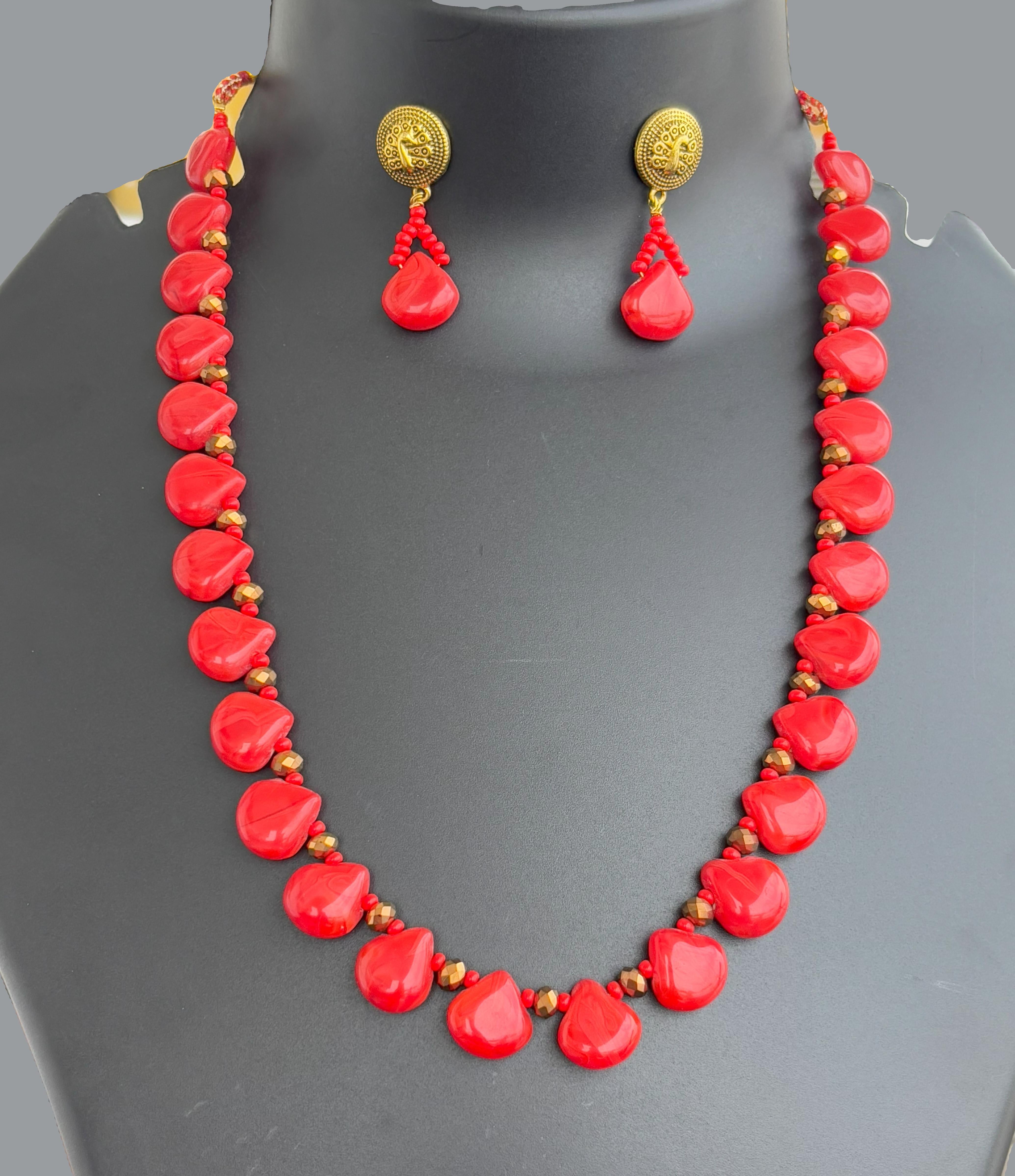 Handmade Red Glass and Gold Bead Necklace Set