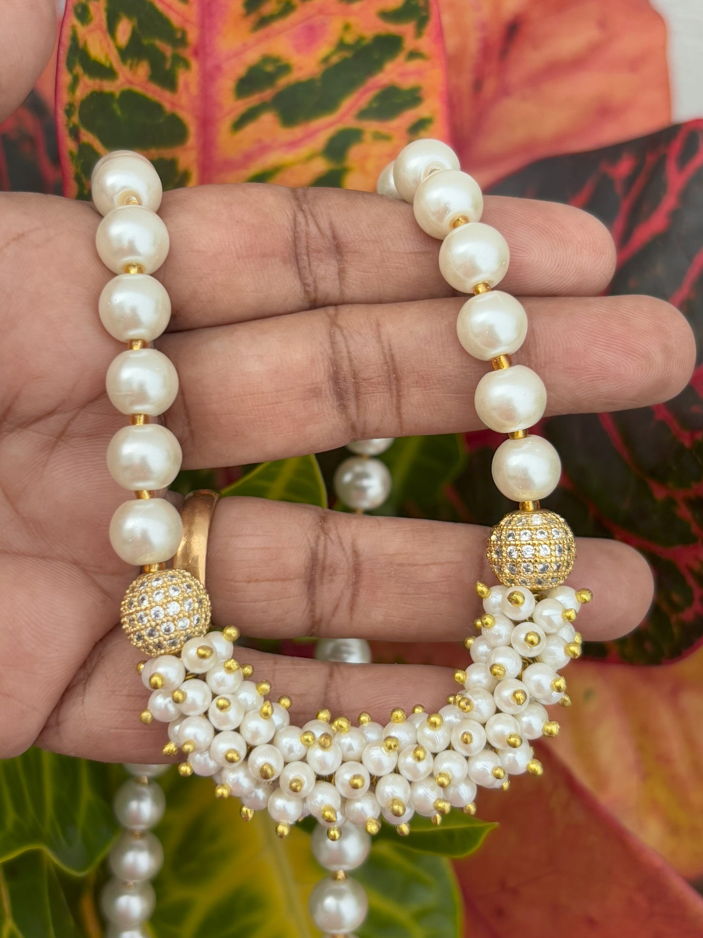 Handmade Shell Pearl and Zircon Statement Necklace