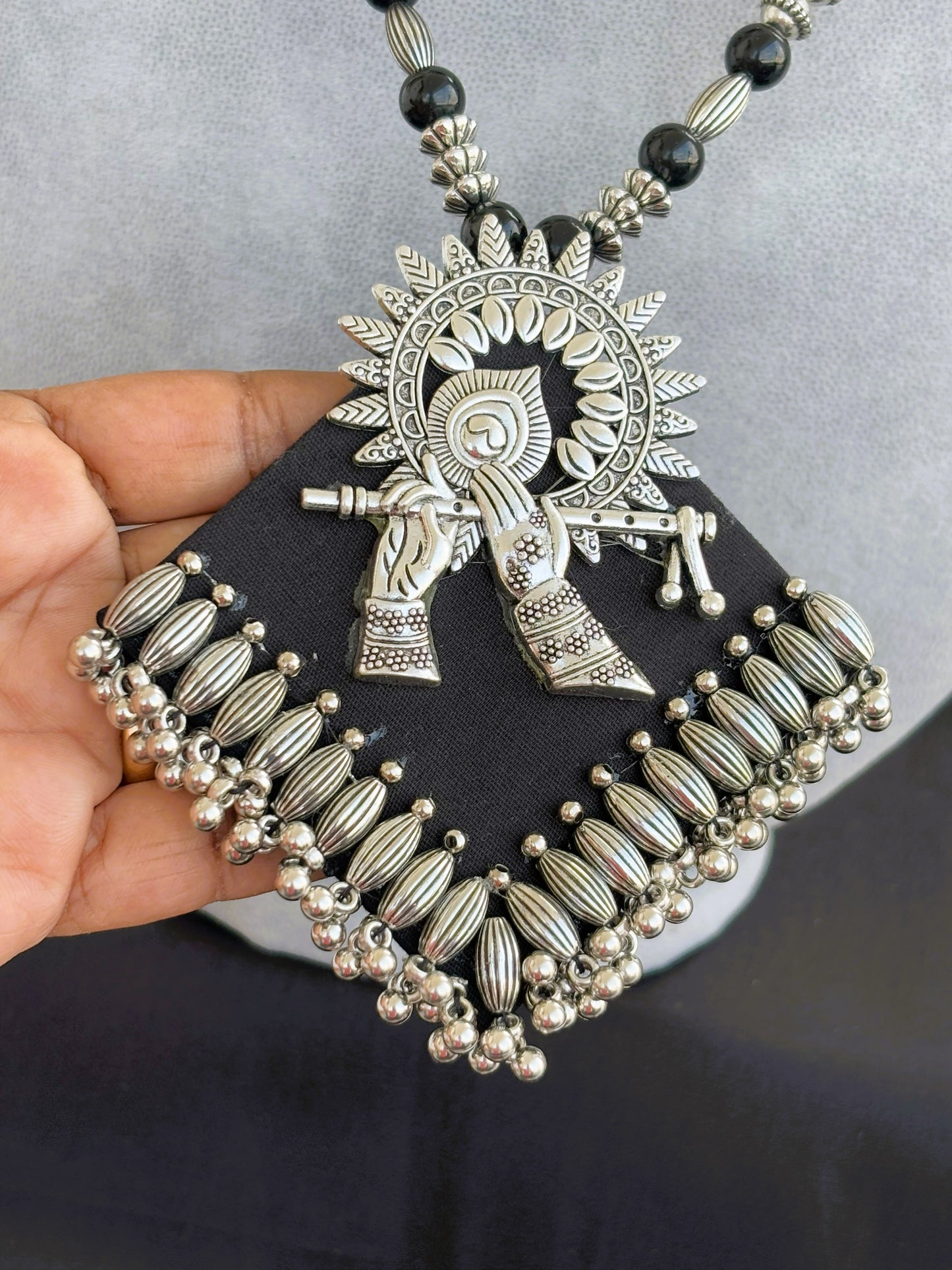 Handmade Oxidized Flute Pendant Necklace Set