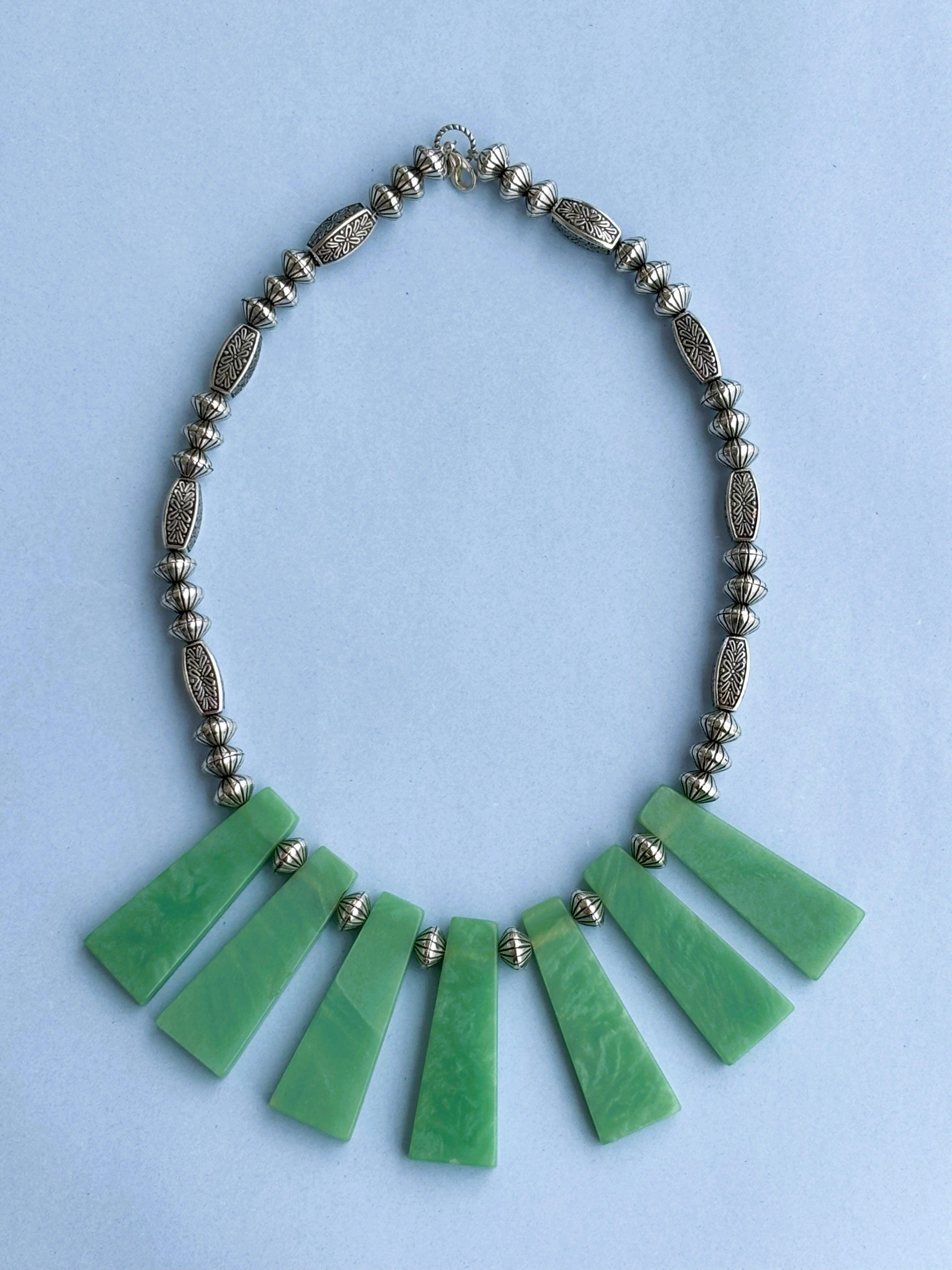 Handmade Oxidized and Green Stone Fan Necklace