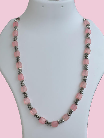 Handmade Pink Square and Silver Bead Necklace