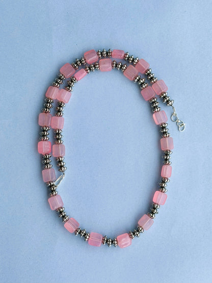 Handmade Pink Square and Silver Bead Necklace