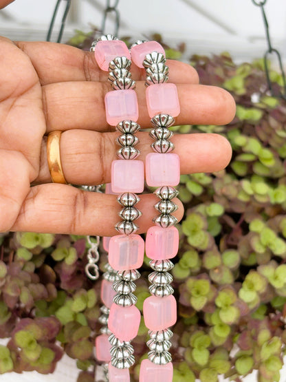 Handmade Pink Square and Silver Bead Necklace