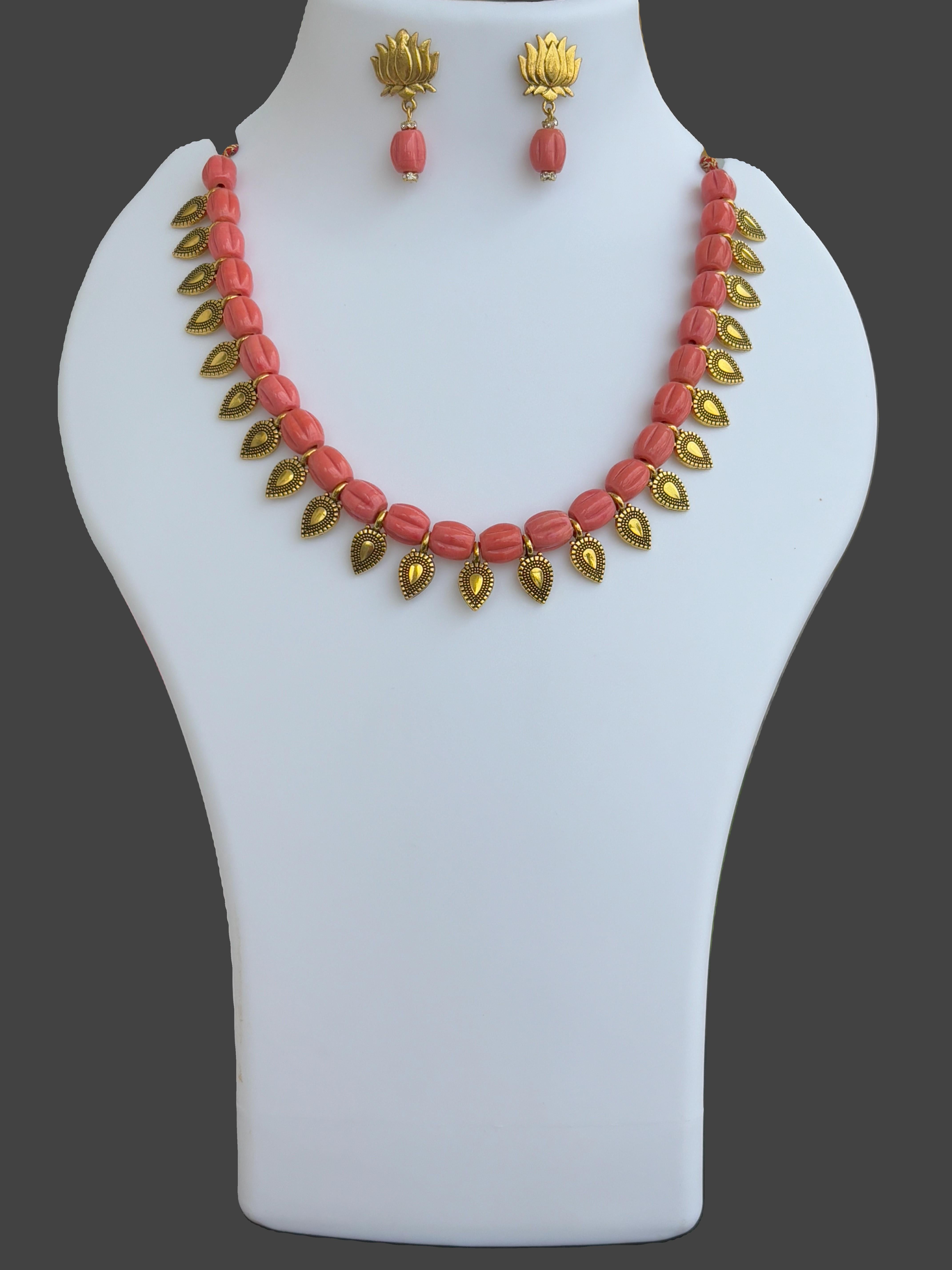 Handmade Pink Glass Bead and Gold Charm Necklace Set