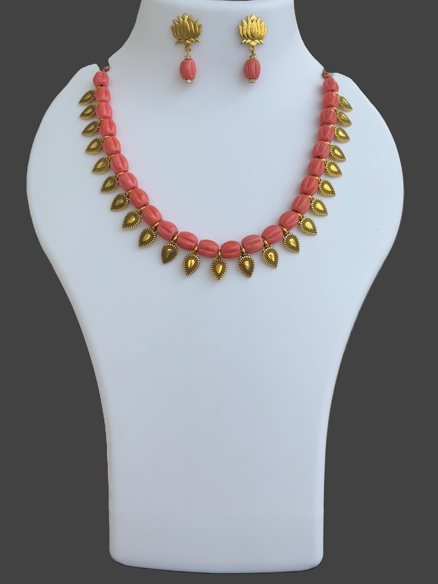 Handmade Pink Glass Bead and Gold Charm Necklace Set