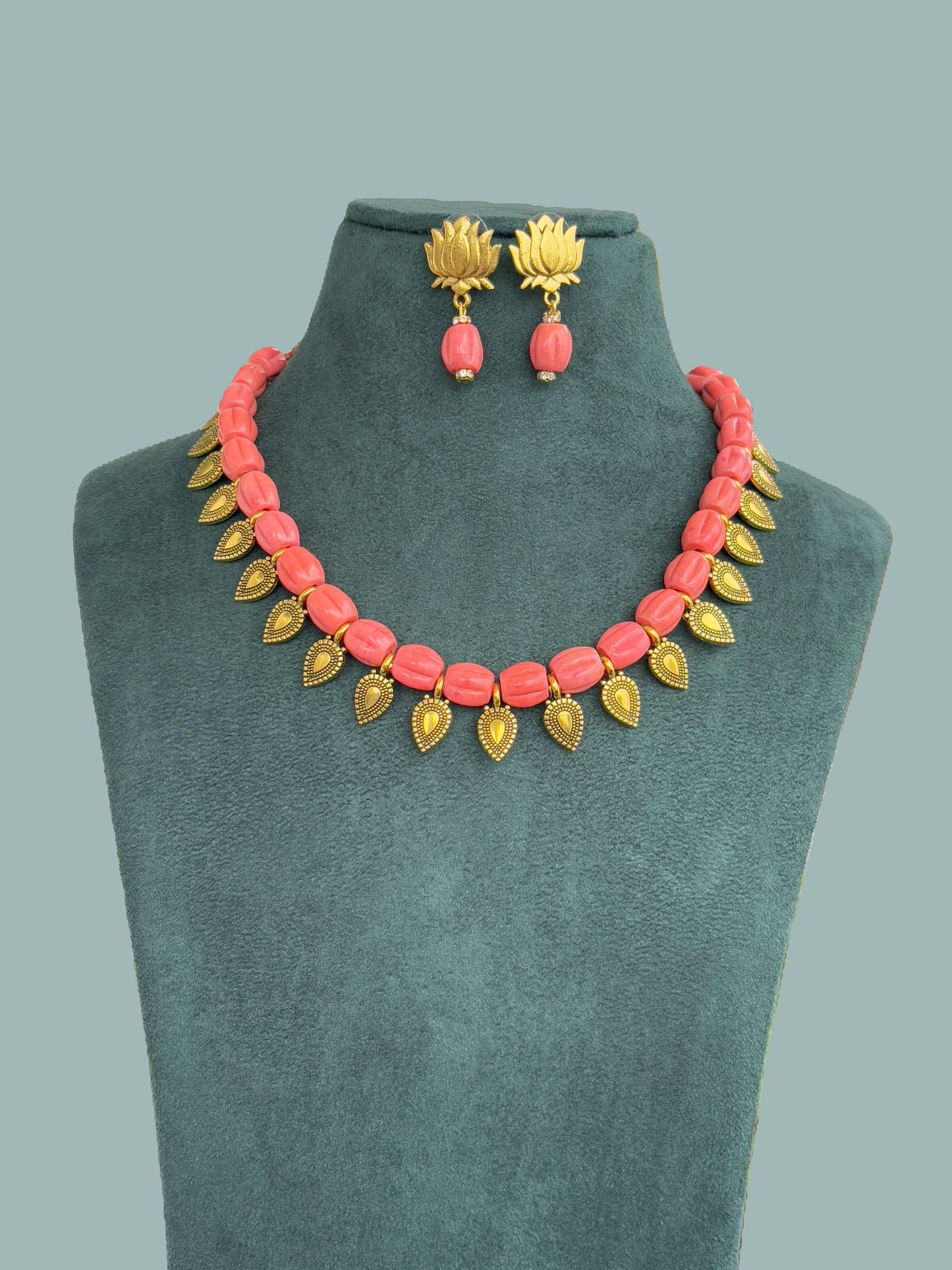 Handmade Pink Glass Bead and Gold Charm Necklace Set