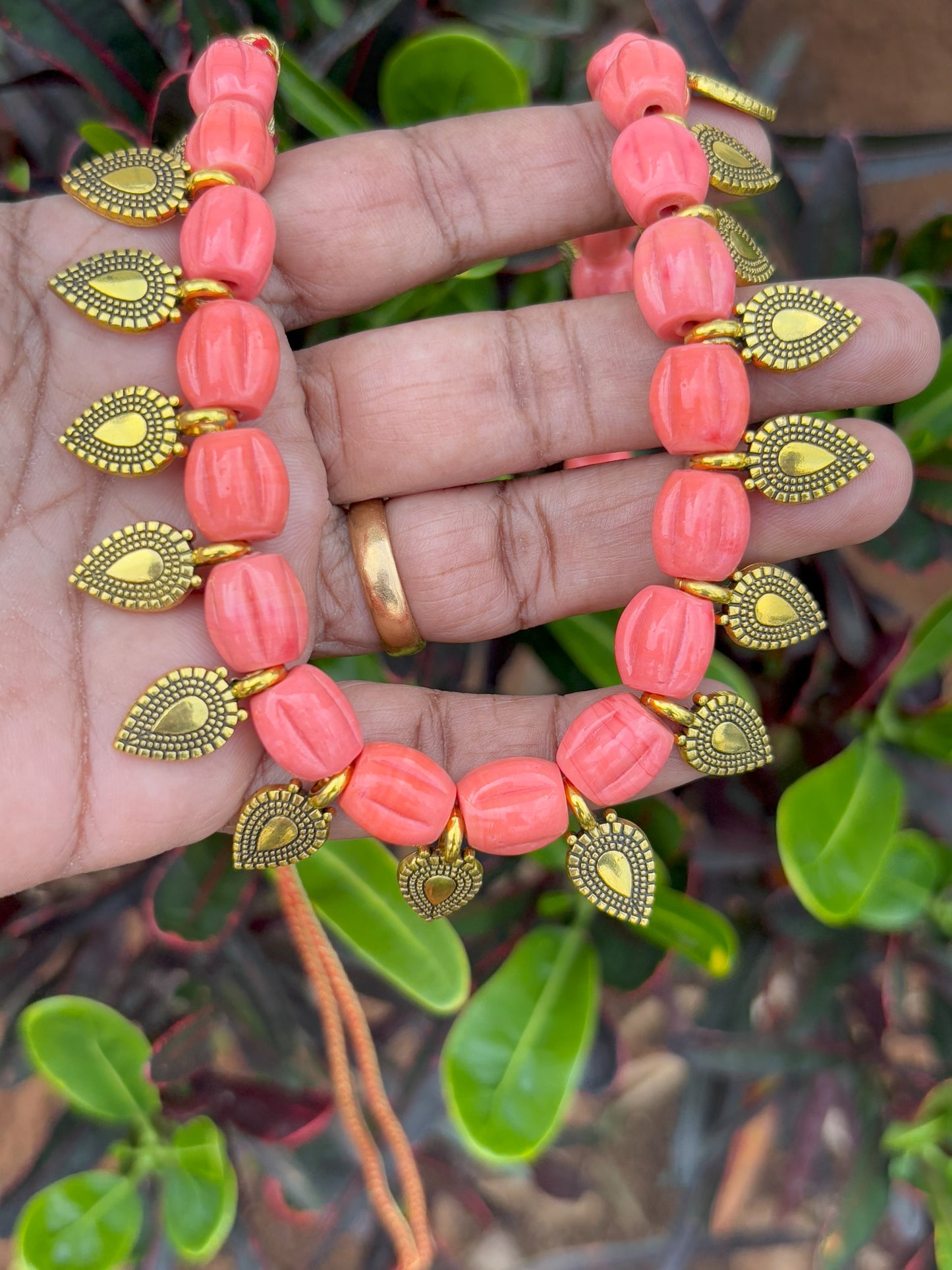 Handmade Pink Glass Bead and Gold Charm Necklace Set