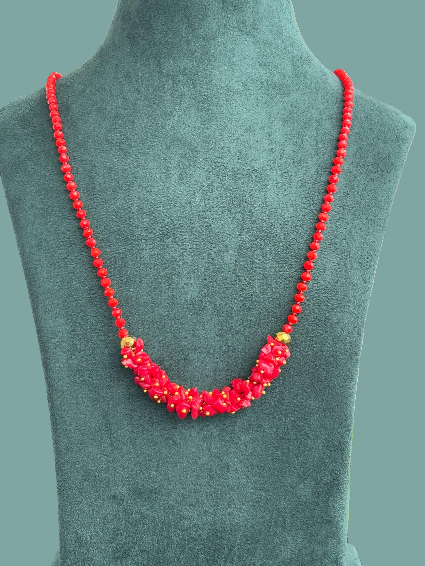 Handmade Red Semi-Precious Stone Chip Beads Charm Necklace