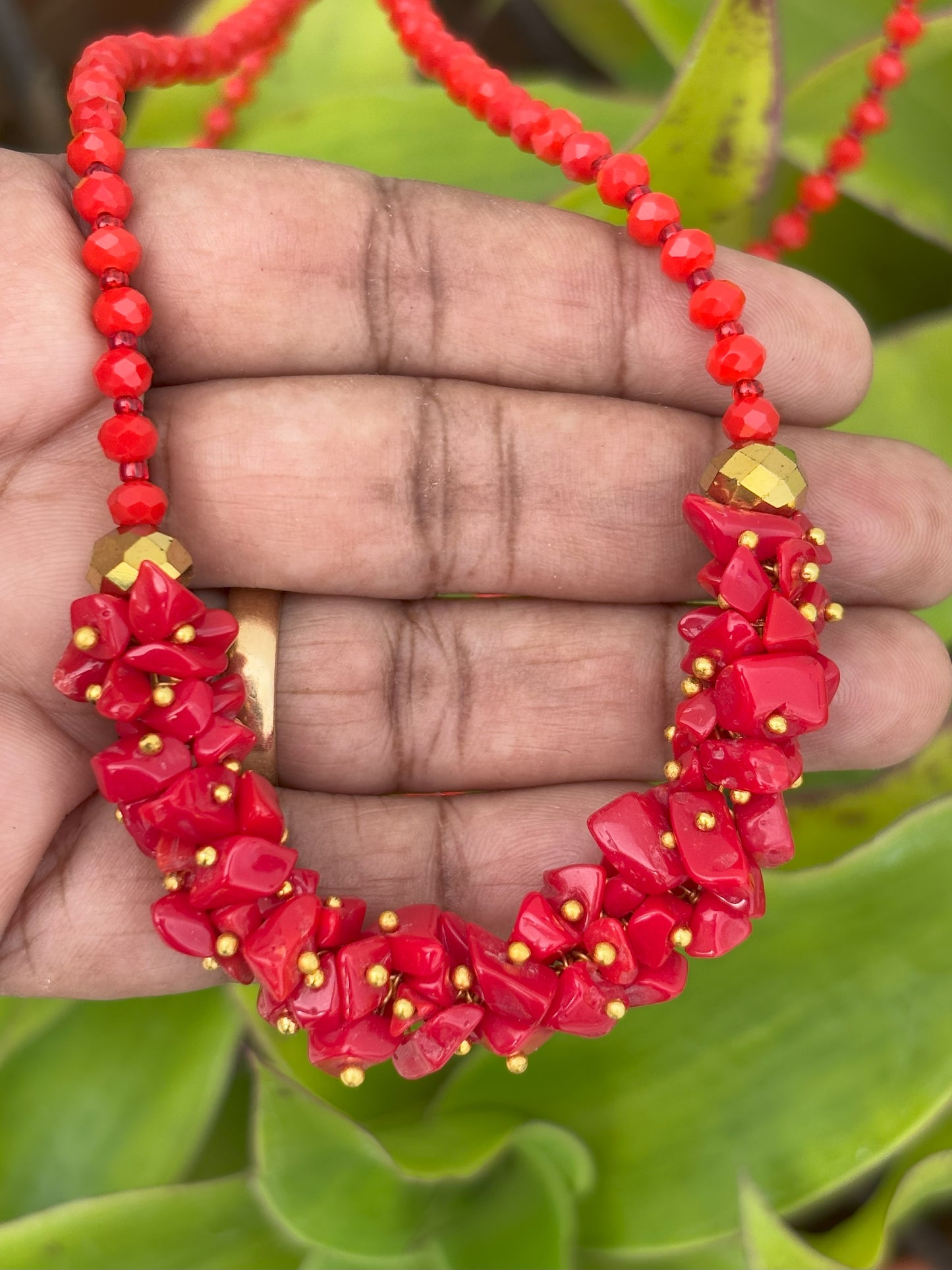 Handmade Red Semi-Precious Stone Chip Beads Charm Necklace