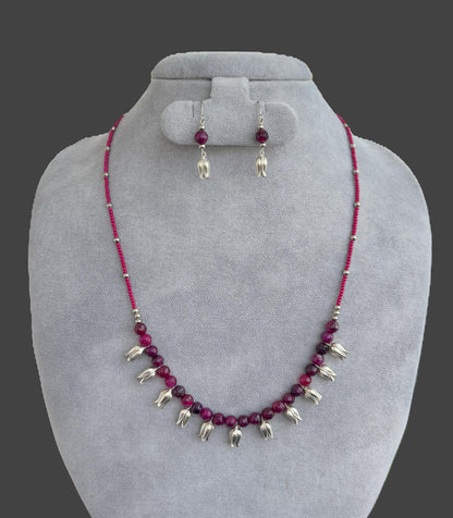 Handmade Oxidized Tulip and Magenta Stone Necklace Set