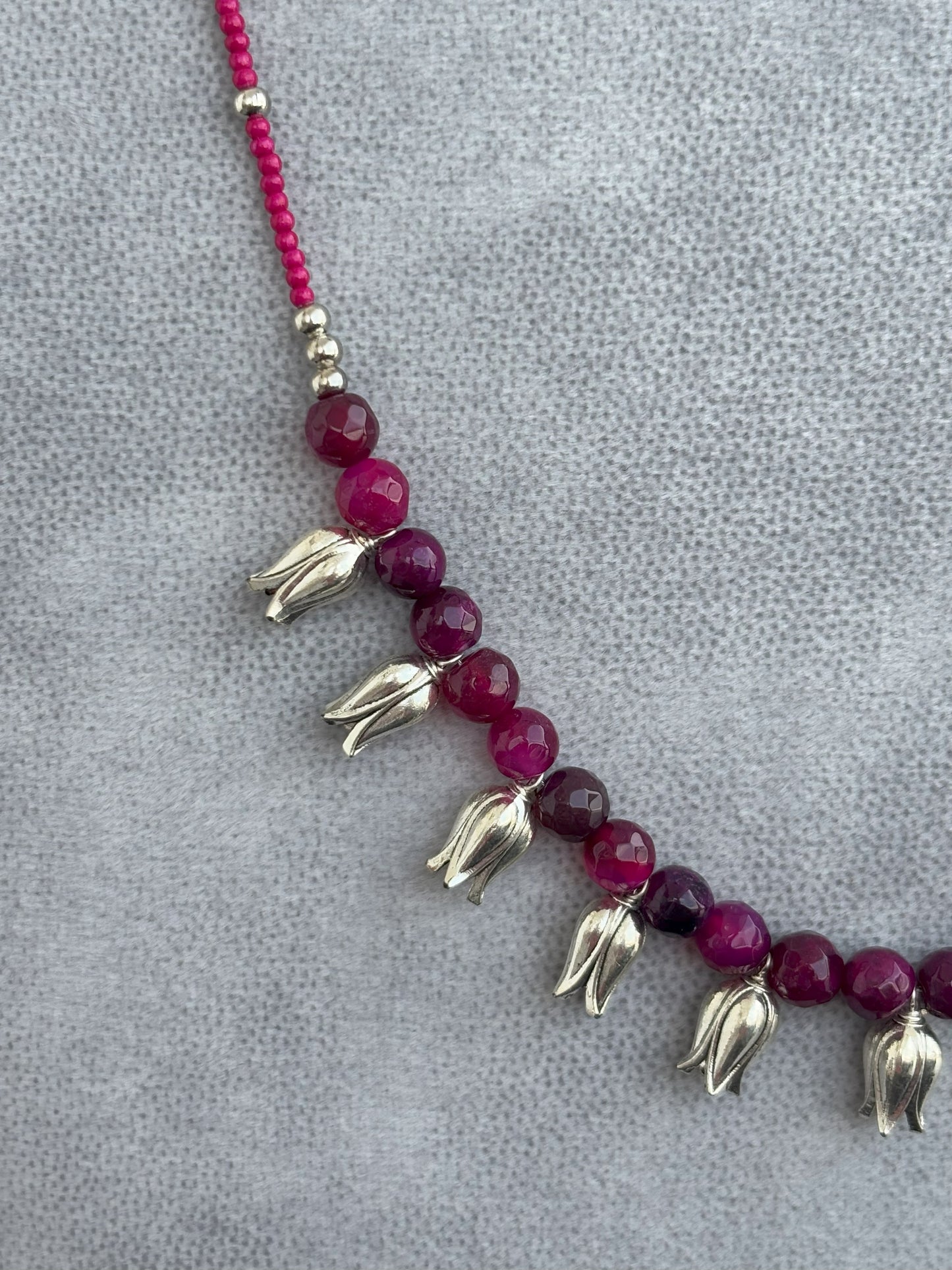Handmade Oxidized Tulip and Magenta Stone Necklace Set