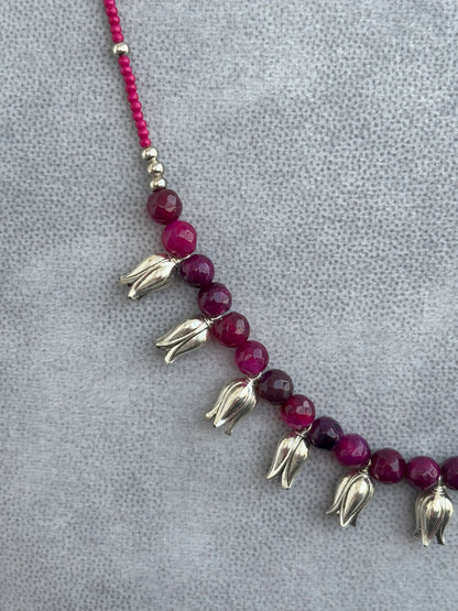 Handmade Oxidized Tulip and Magenta Stone Necklace Set