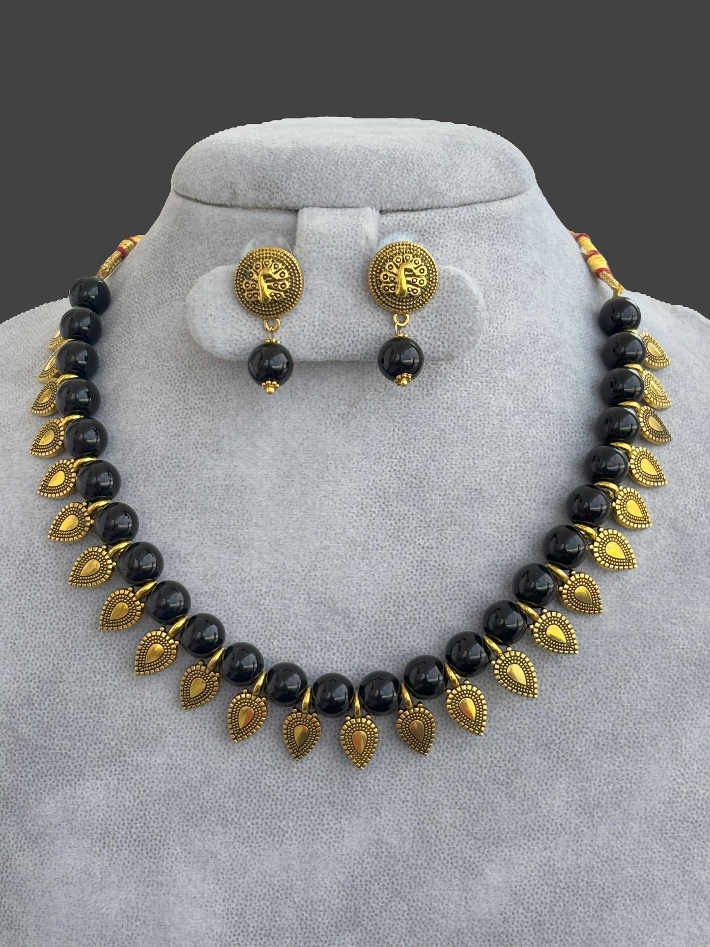 Handmade Black Bead and Gold Charm Choker