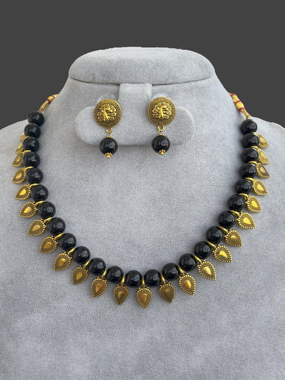 Handmade Black Bead and Gold Charm Choker