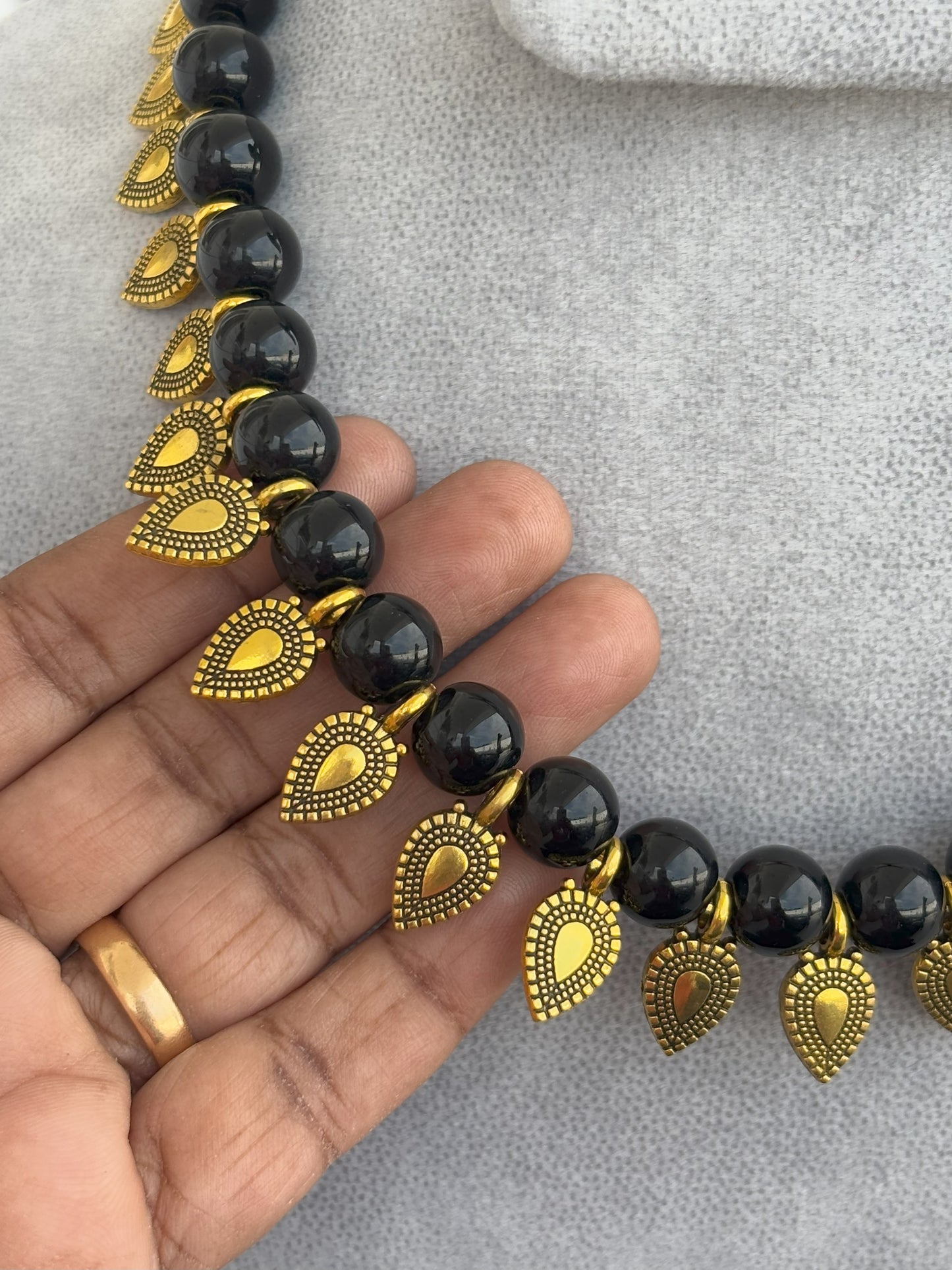 Handmade Black Bead and Gold Charm Choker