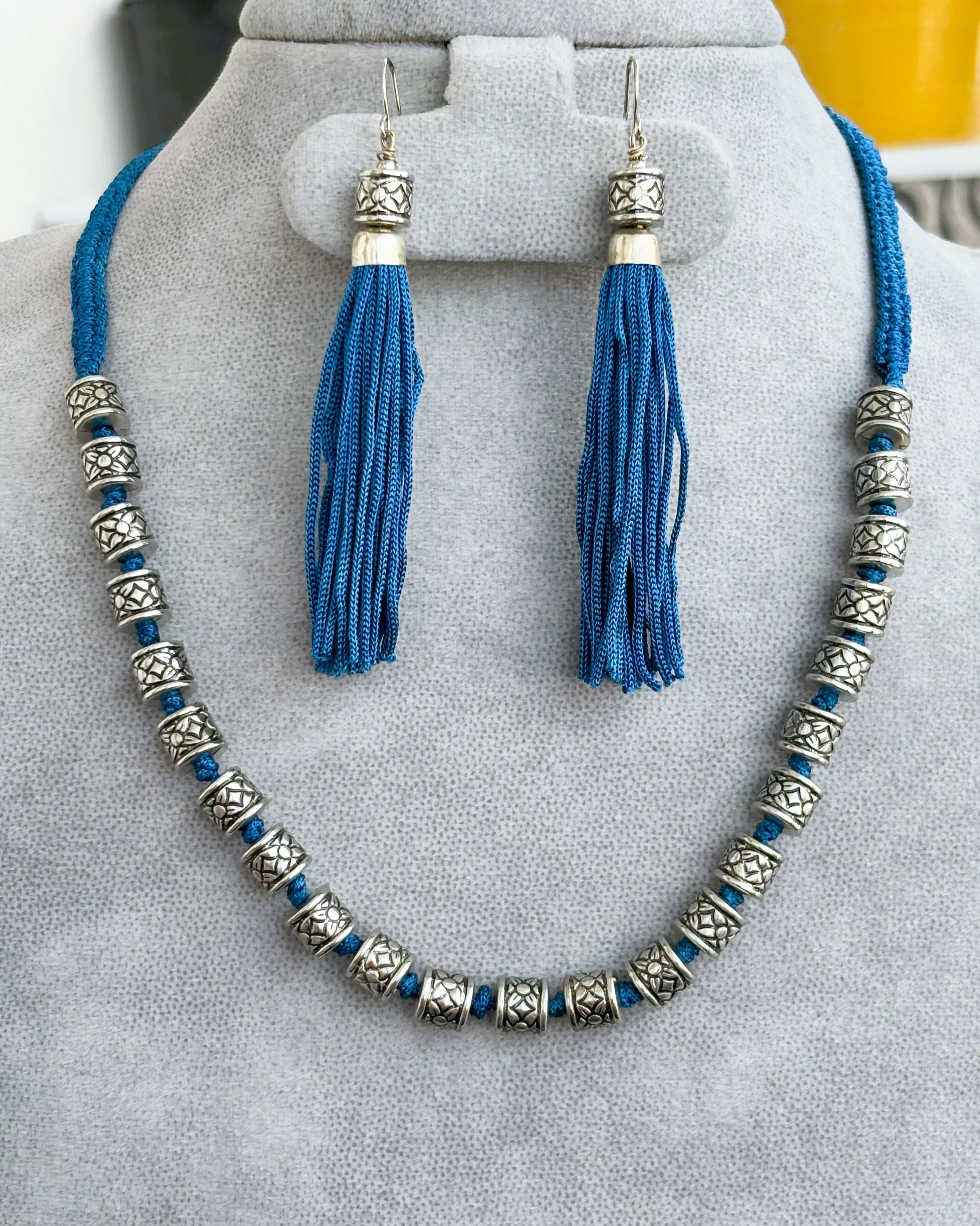 Handmade Oxidized Blue Thread and Bead Necklace Set