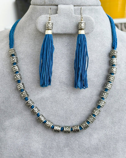 Handmade Oxidized Blue Thread and Bead Necklace Set