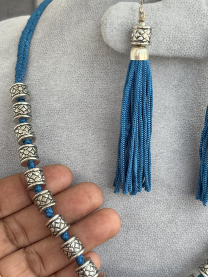 Handmade Oxidized Blue Thread and Bead Necklace Set