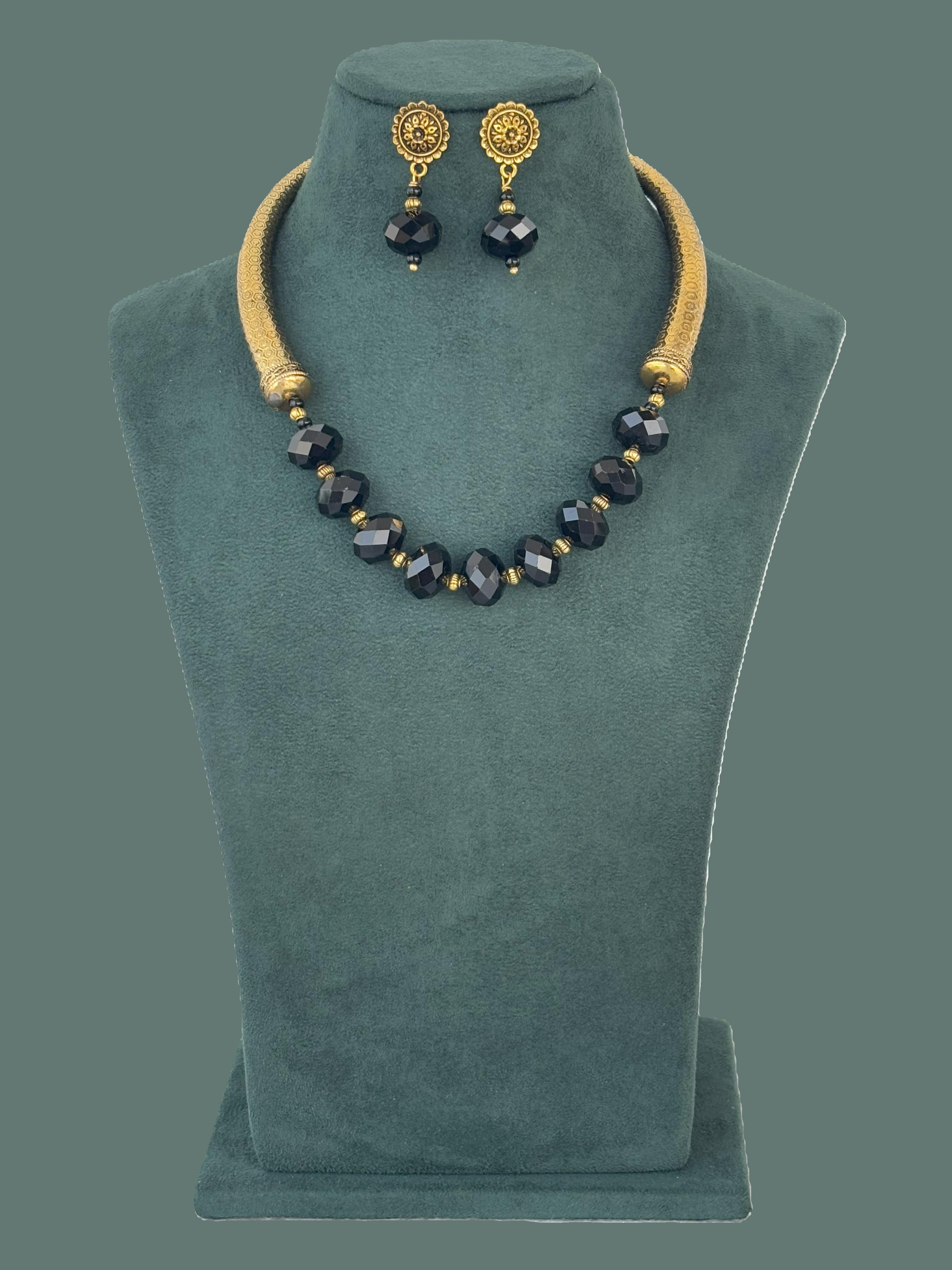 Handmade Oxidized Gold Trunk and Black Rondel Bead Necklace Set