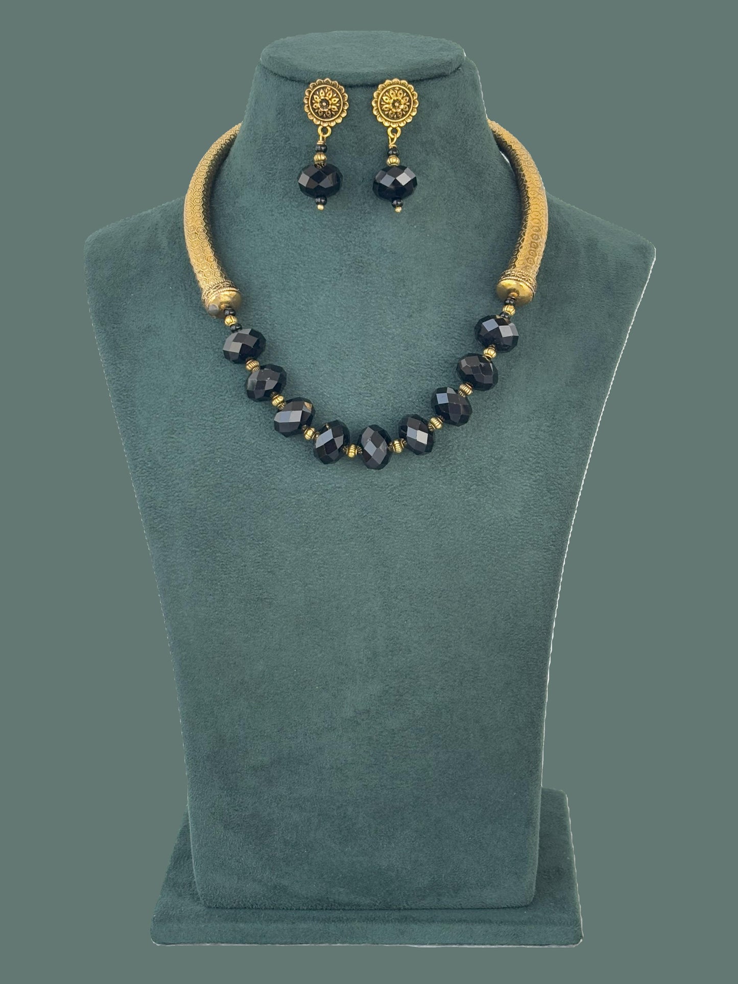 Handmade Oxidized Gold Trunk and Black Rondel Bead Necklace Set