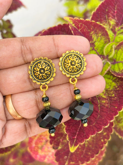 Handmade Oxidized Gold Trunk and Black Rondel Bead Necklace Set